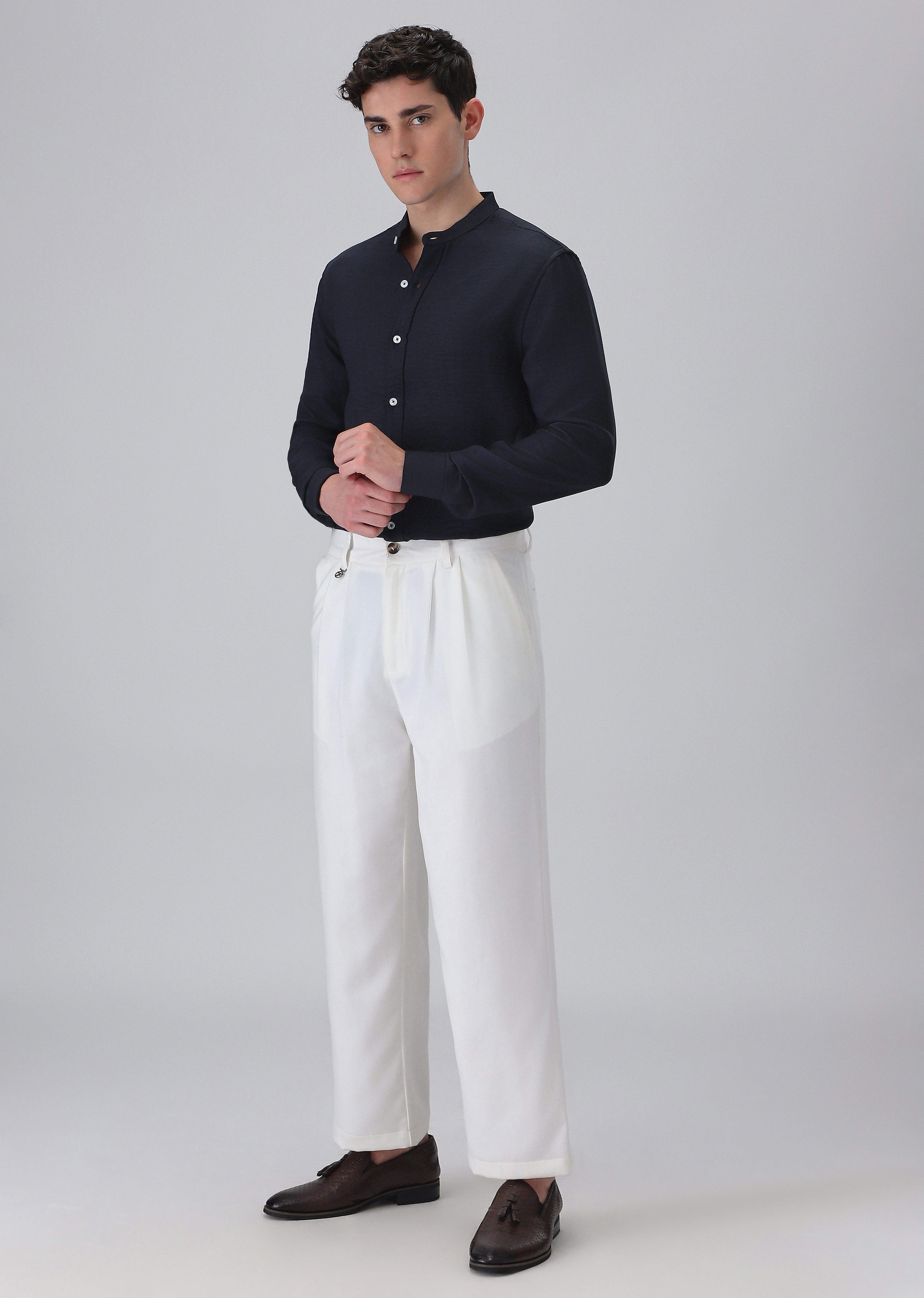 Navy Blue Plain Mandarin Collar Shirt