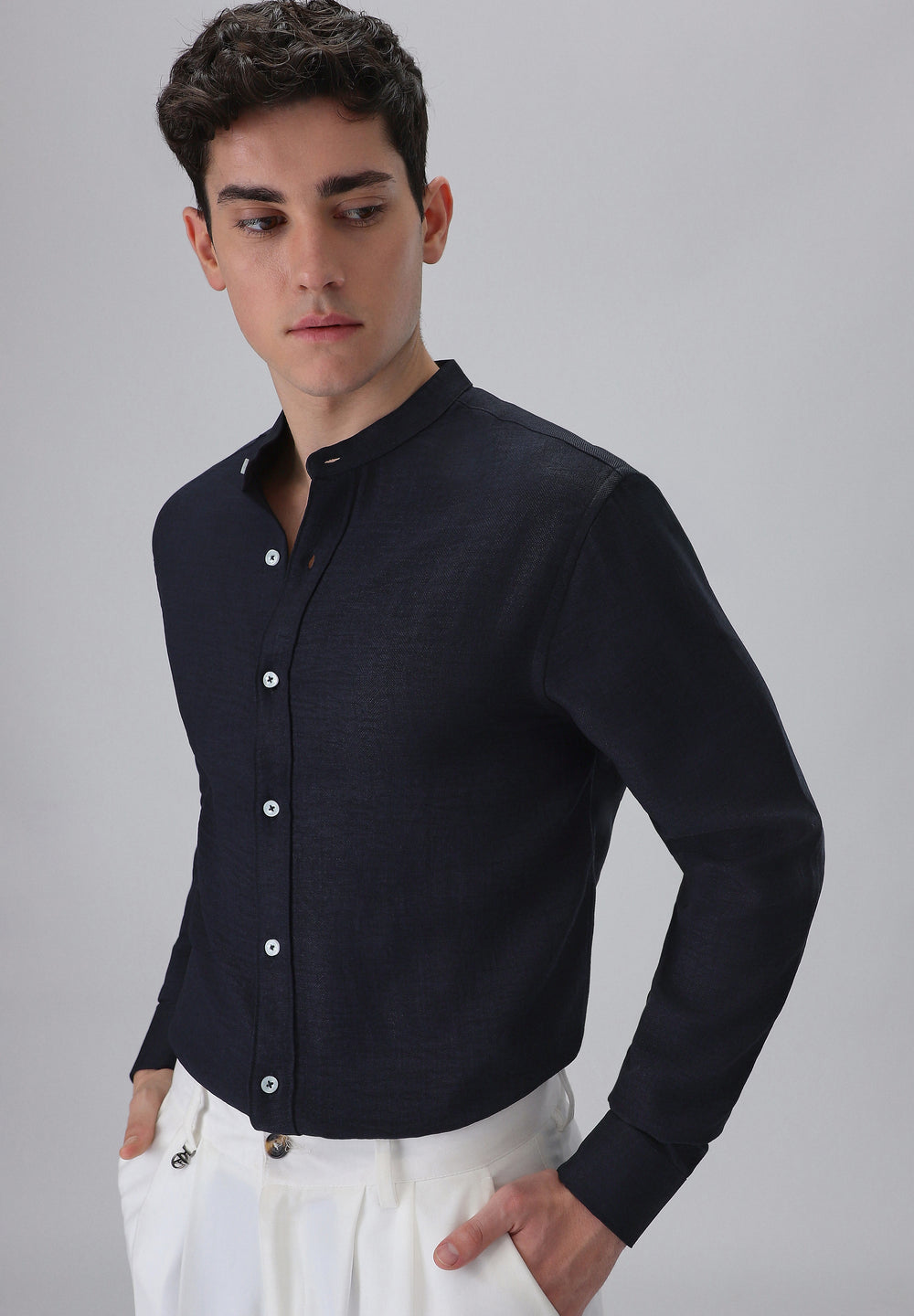 Navy Blue Plain Mandarin Collar Shirt