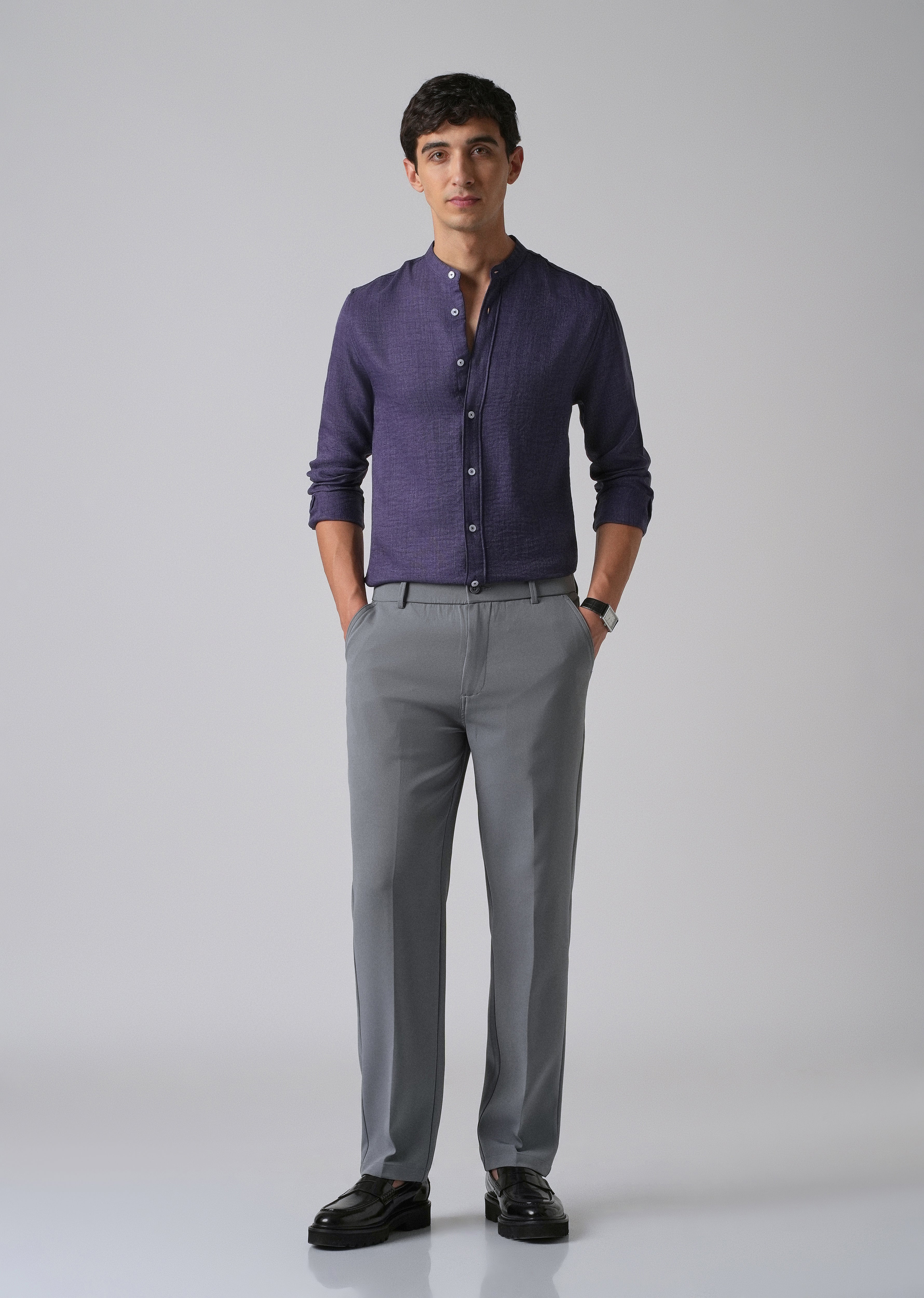 Dark Blue Plain Mandarin Collar Shirt