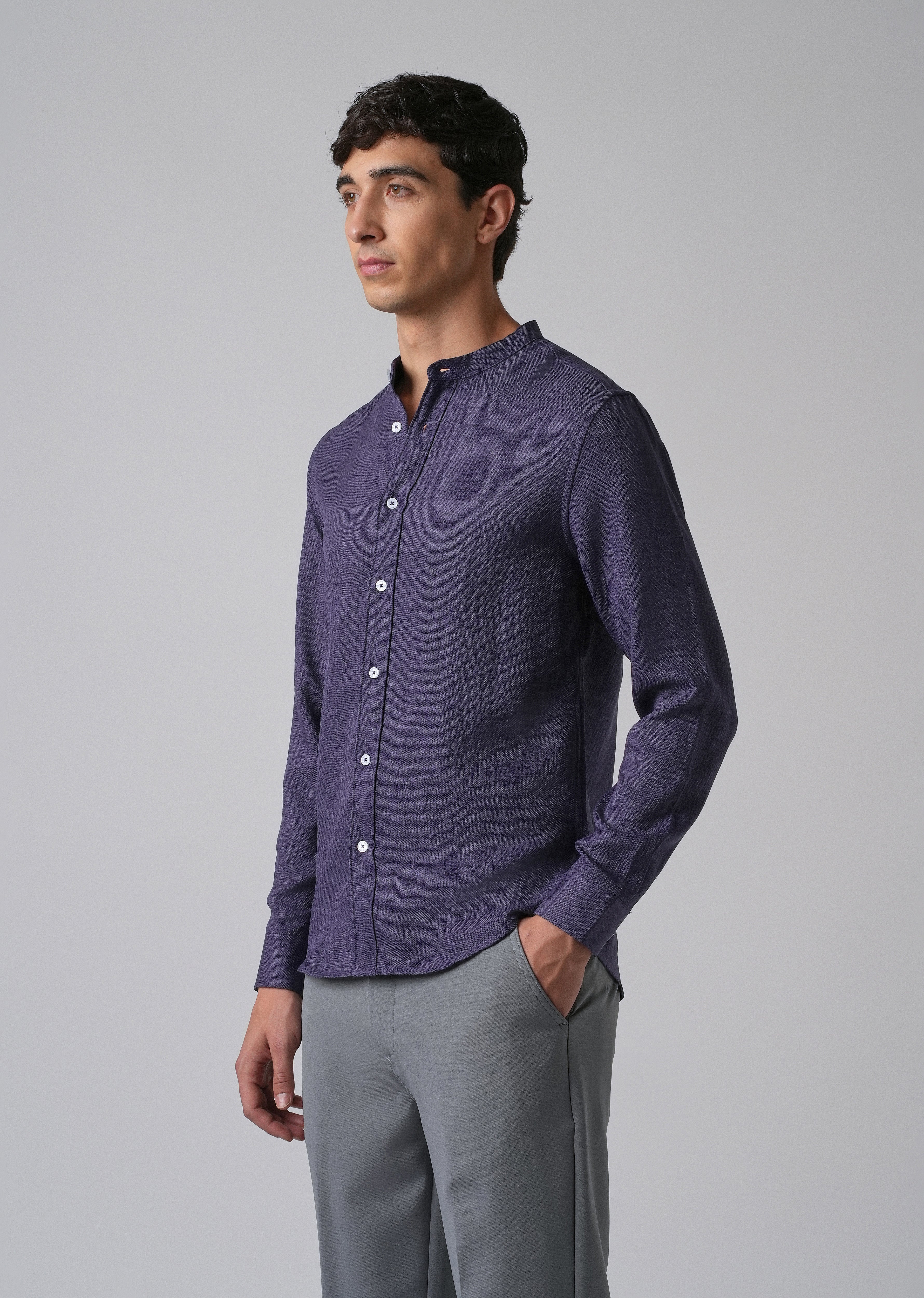 Dark Blue Plain Mandarin Collar Shirt