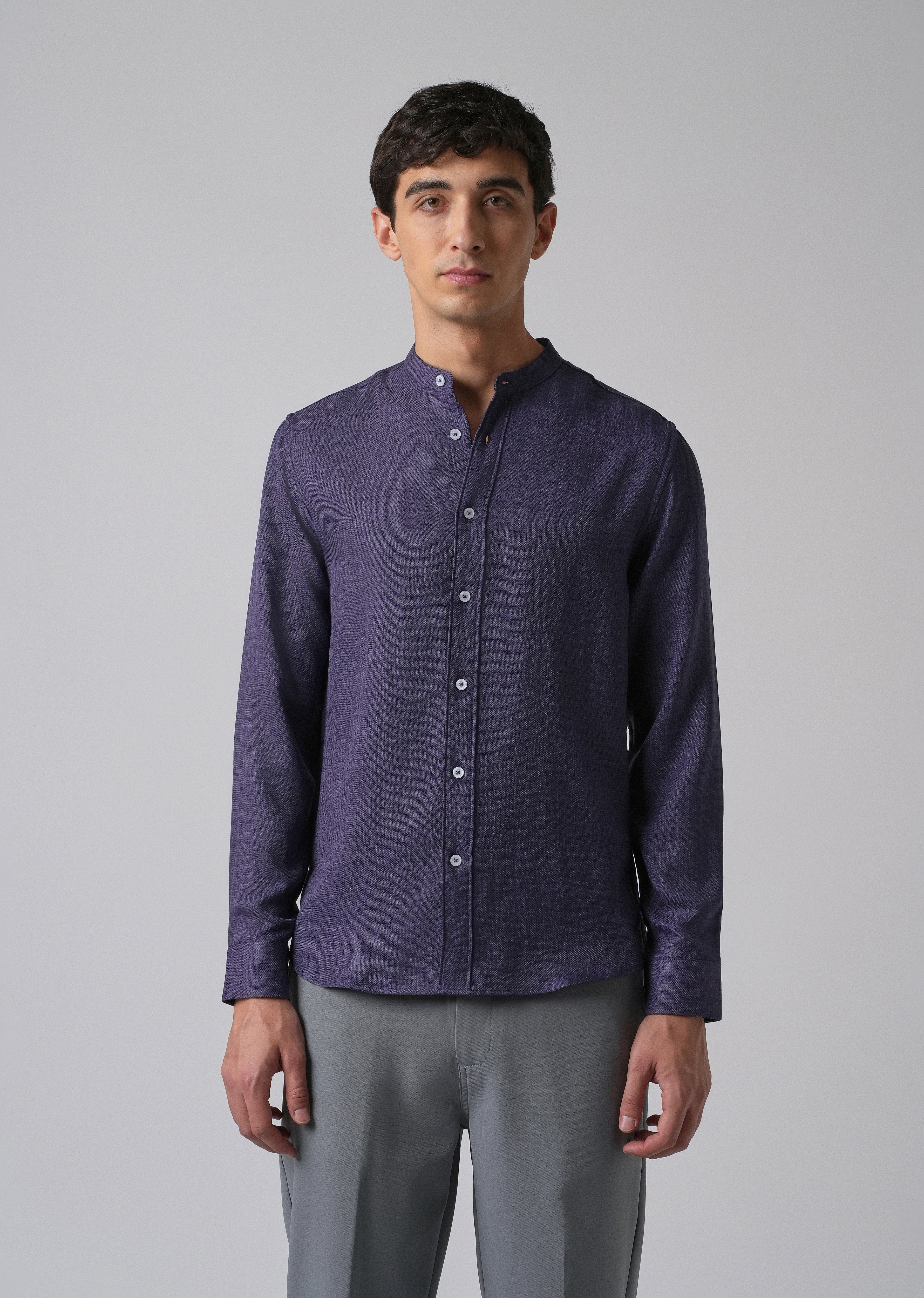 Dark Blue Plain Mandarin Collar Shirt