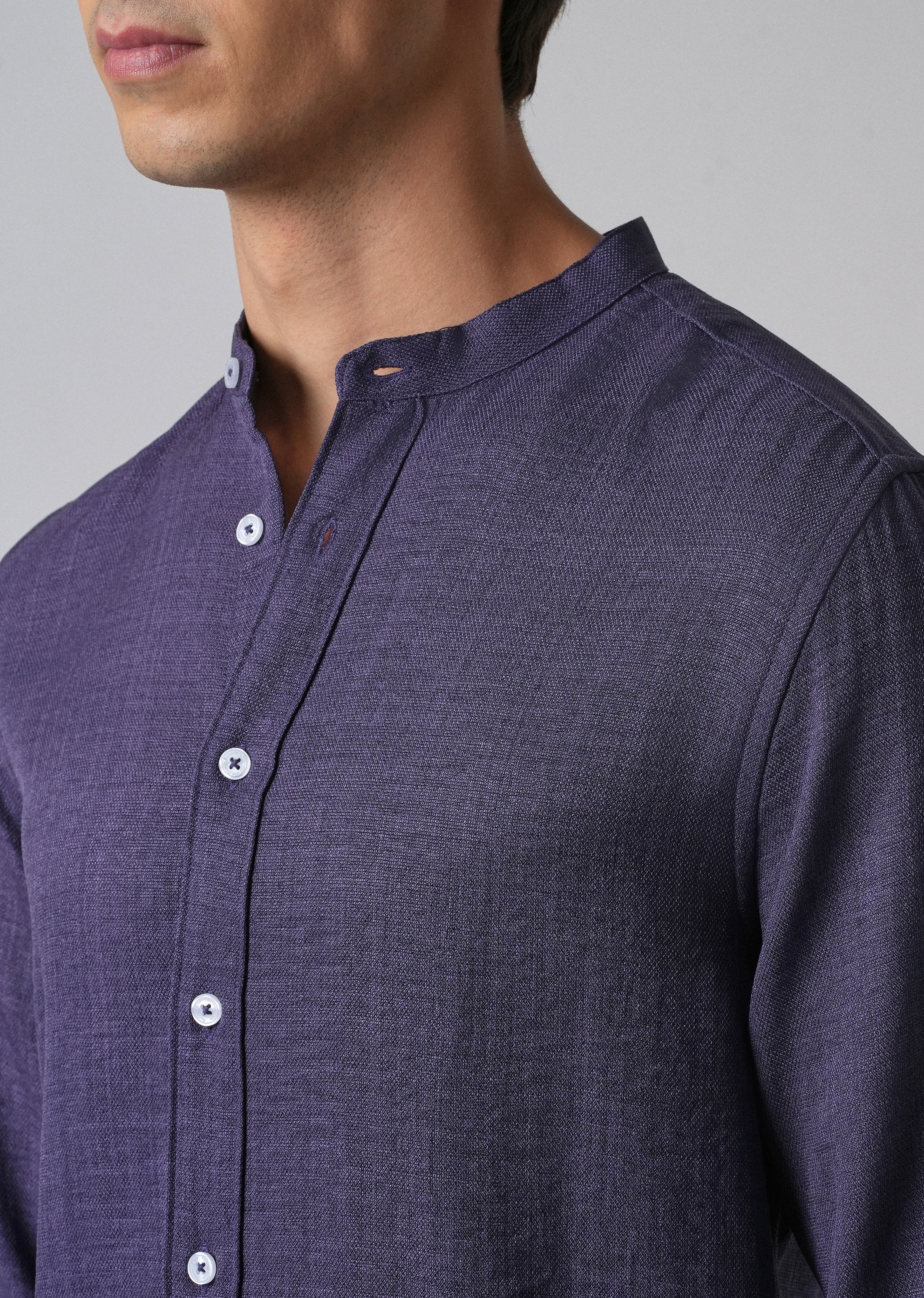 Dark Blue Plain Mandarin Collar Shirt
