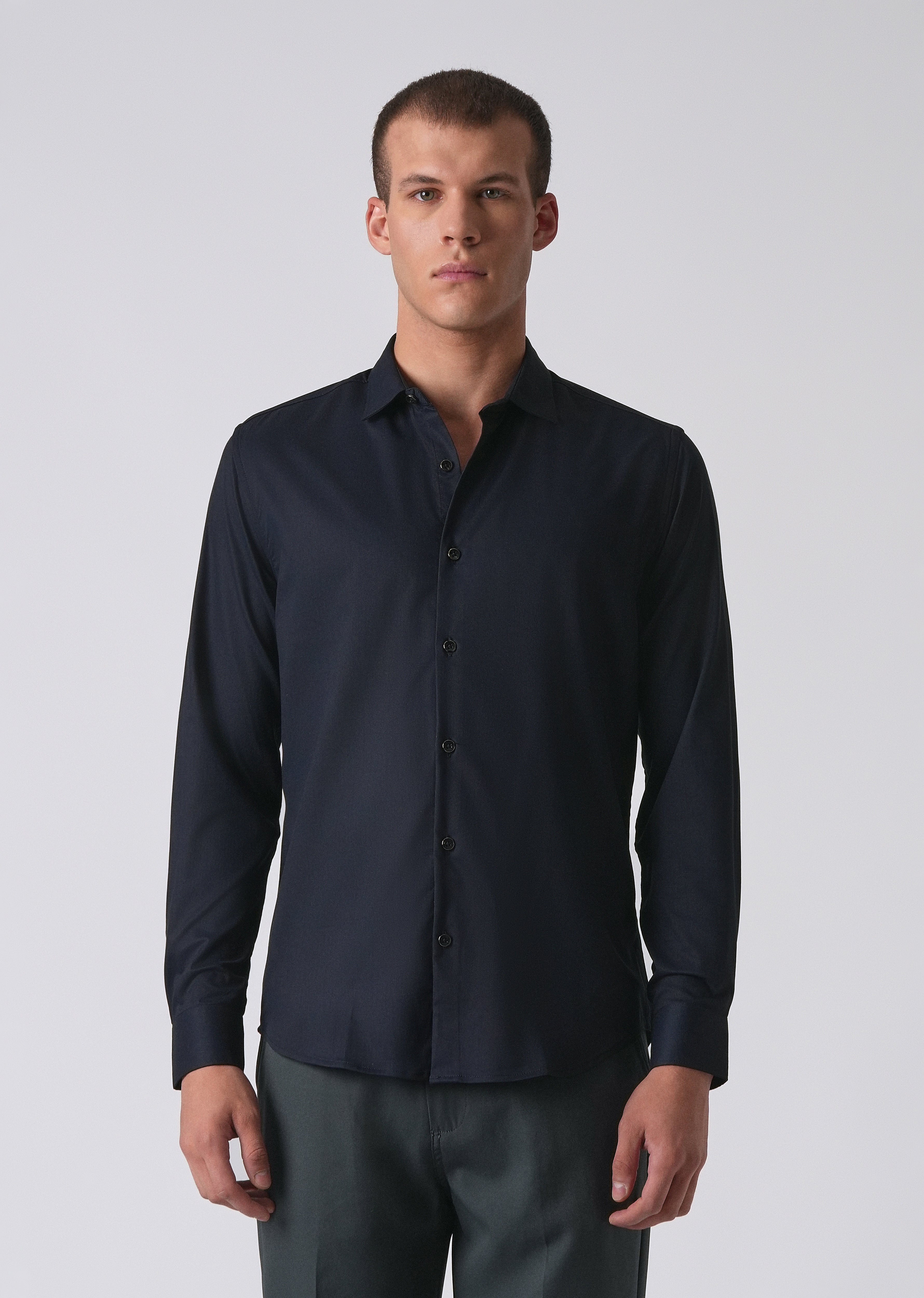 Dark Blue Cotton Stretch Plain Shirt