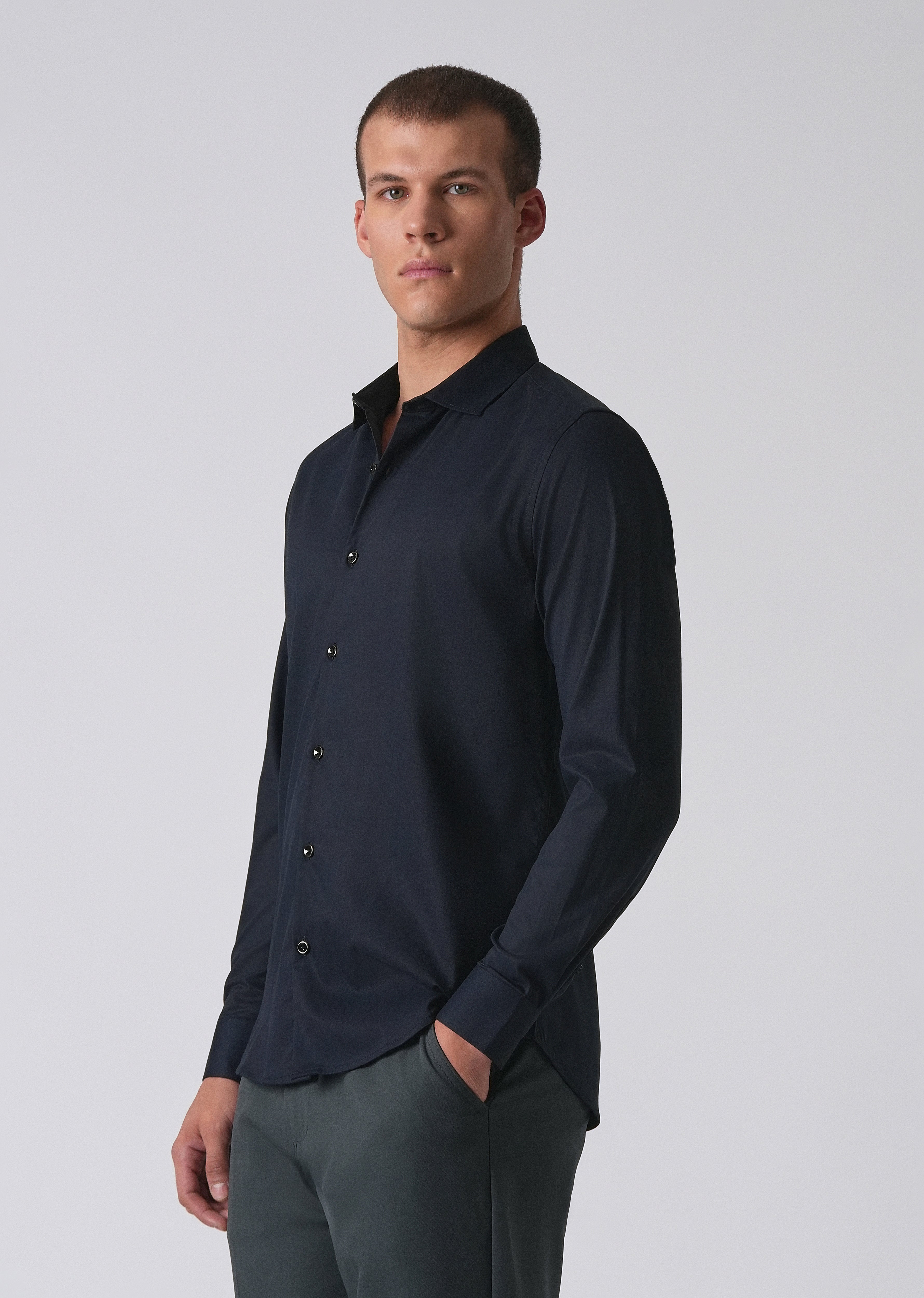 Dark Blue Cotton Stretch Plain Shirt