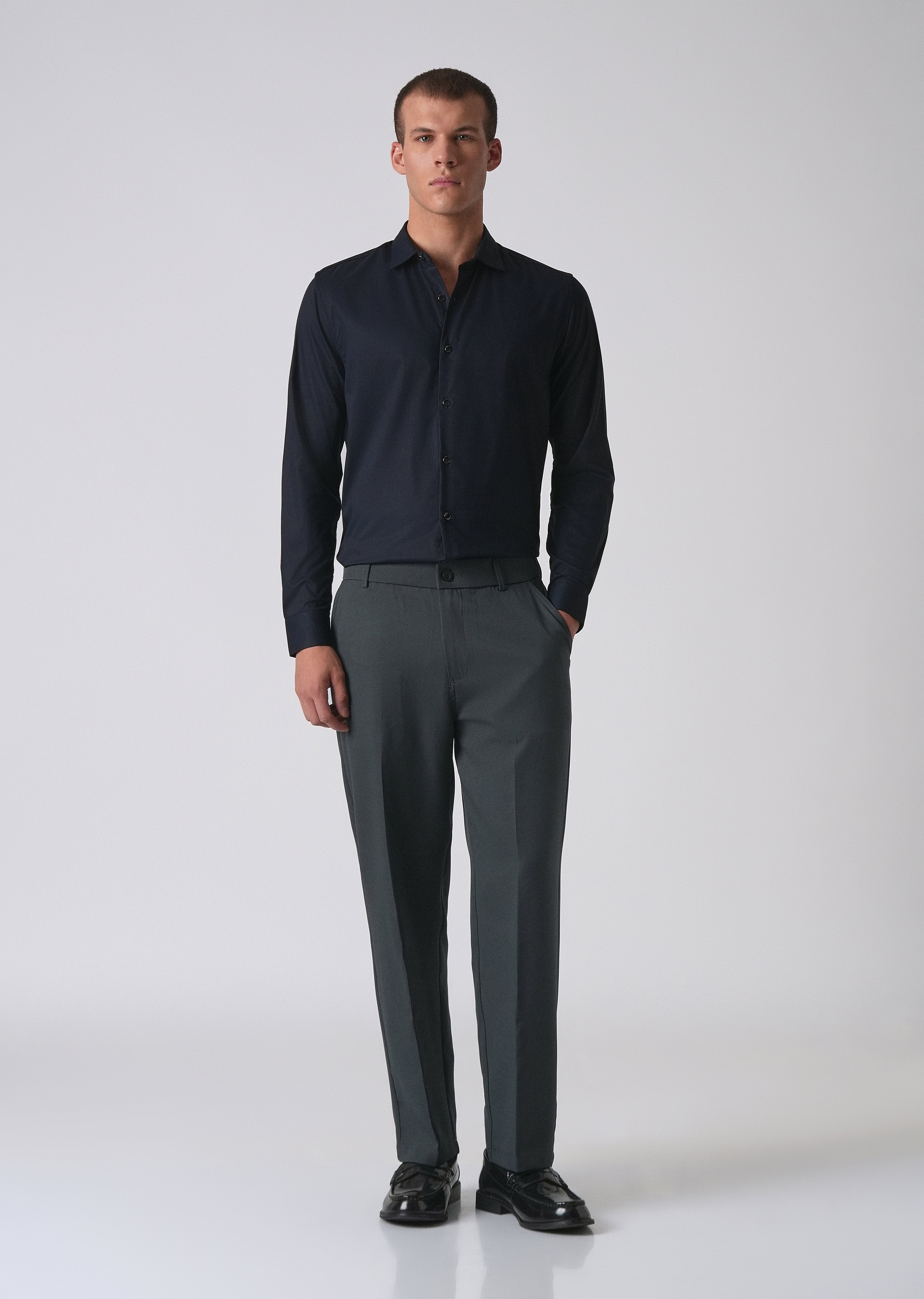 Dark Blue Cotton Stretch Plain Shirt