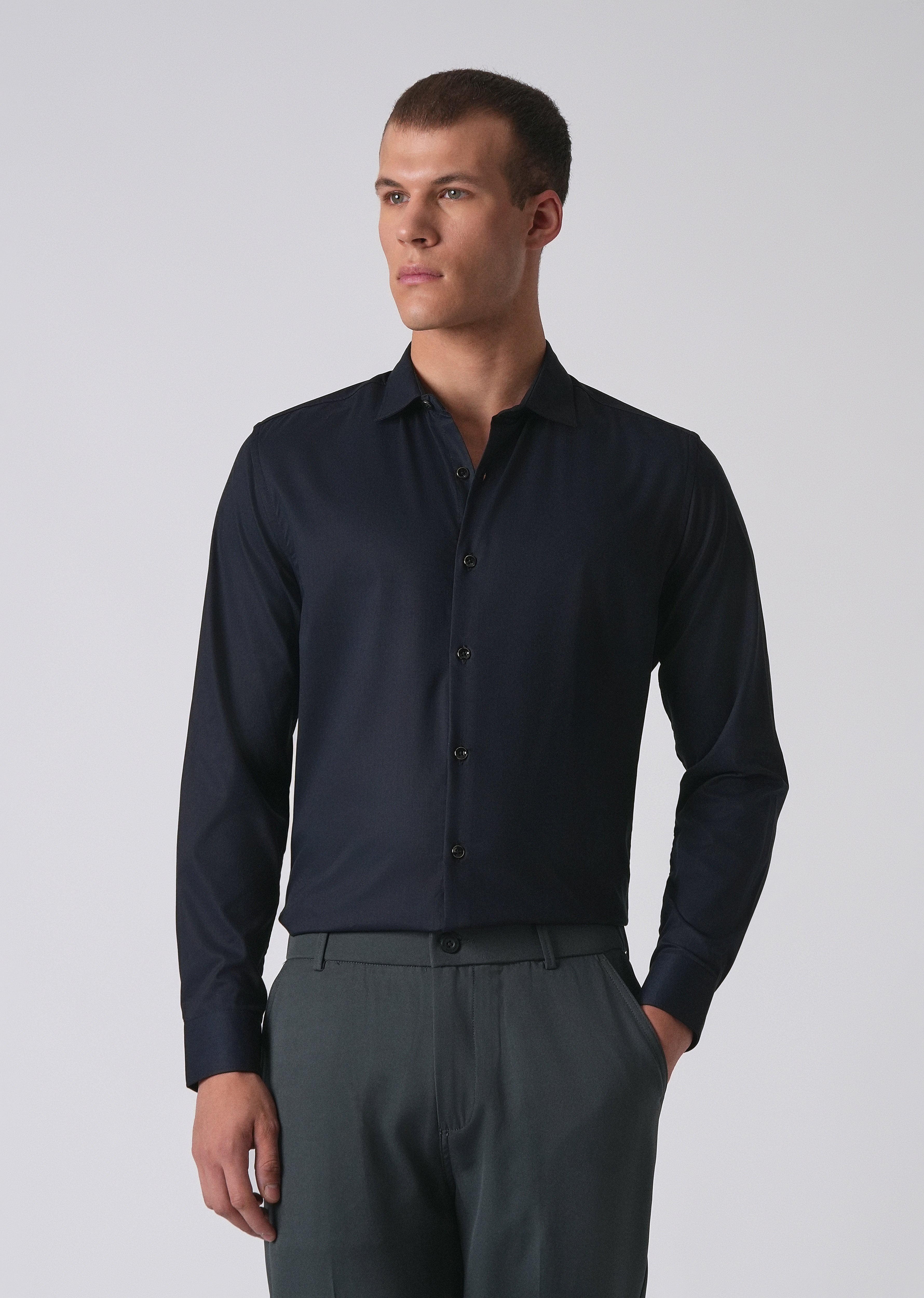 Dark Blue Cotton Stretch Plain Shirt