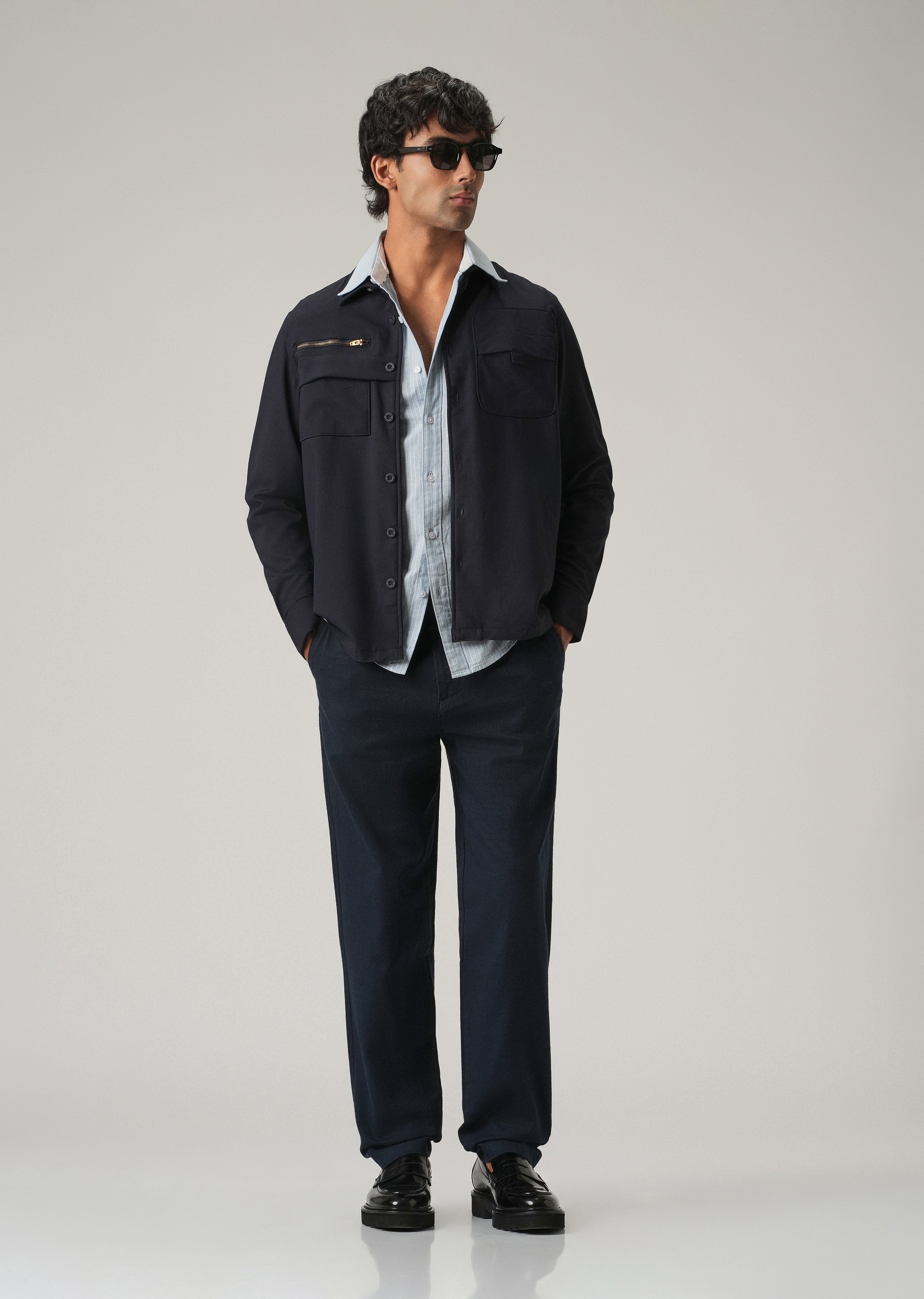 Dark Blue Linen-Look Cotton Trousers