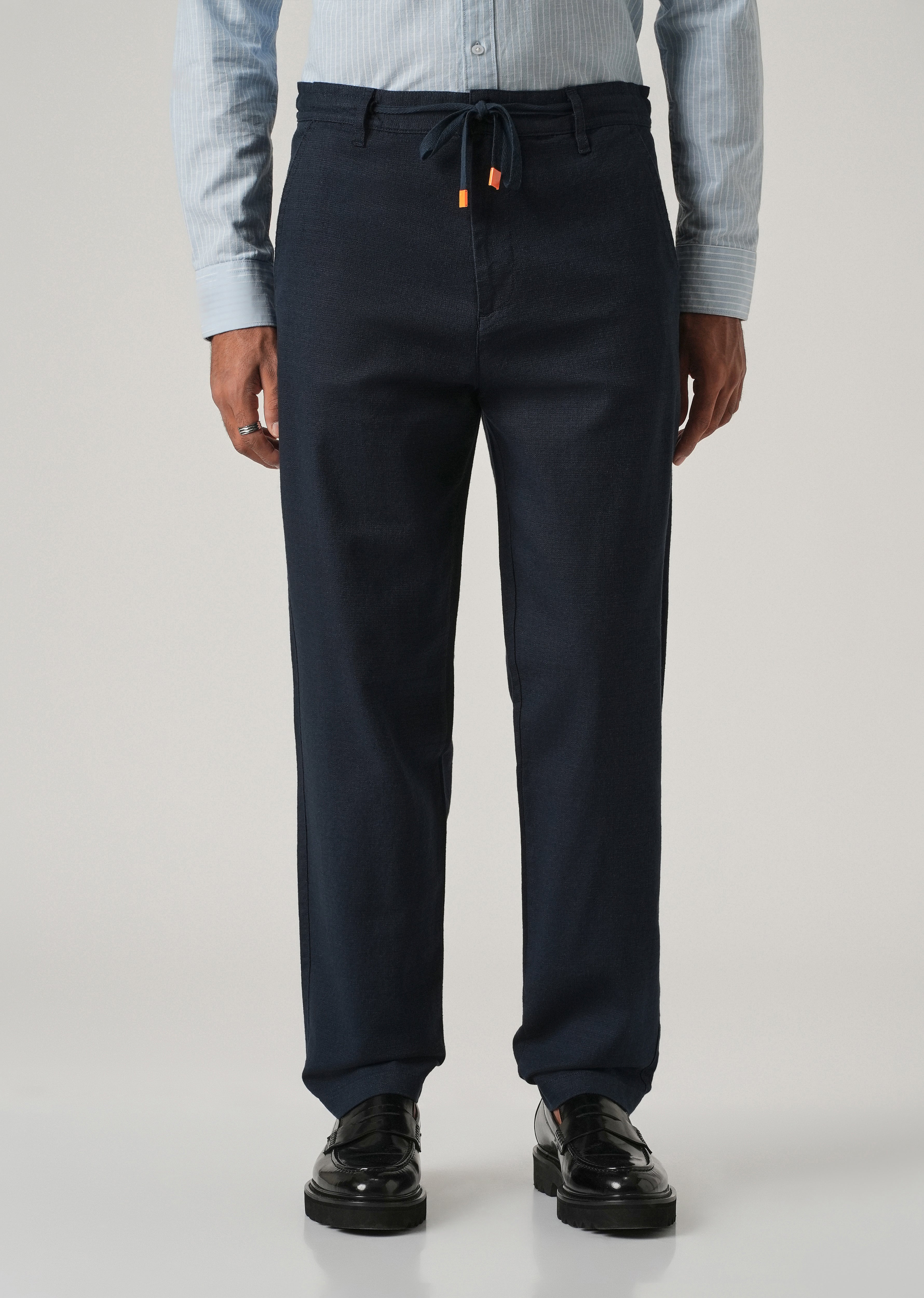 Dark Blue Linen-Look Cotton Trousers