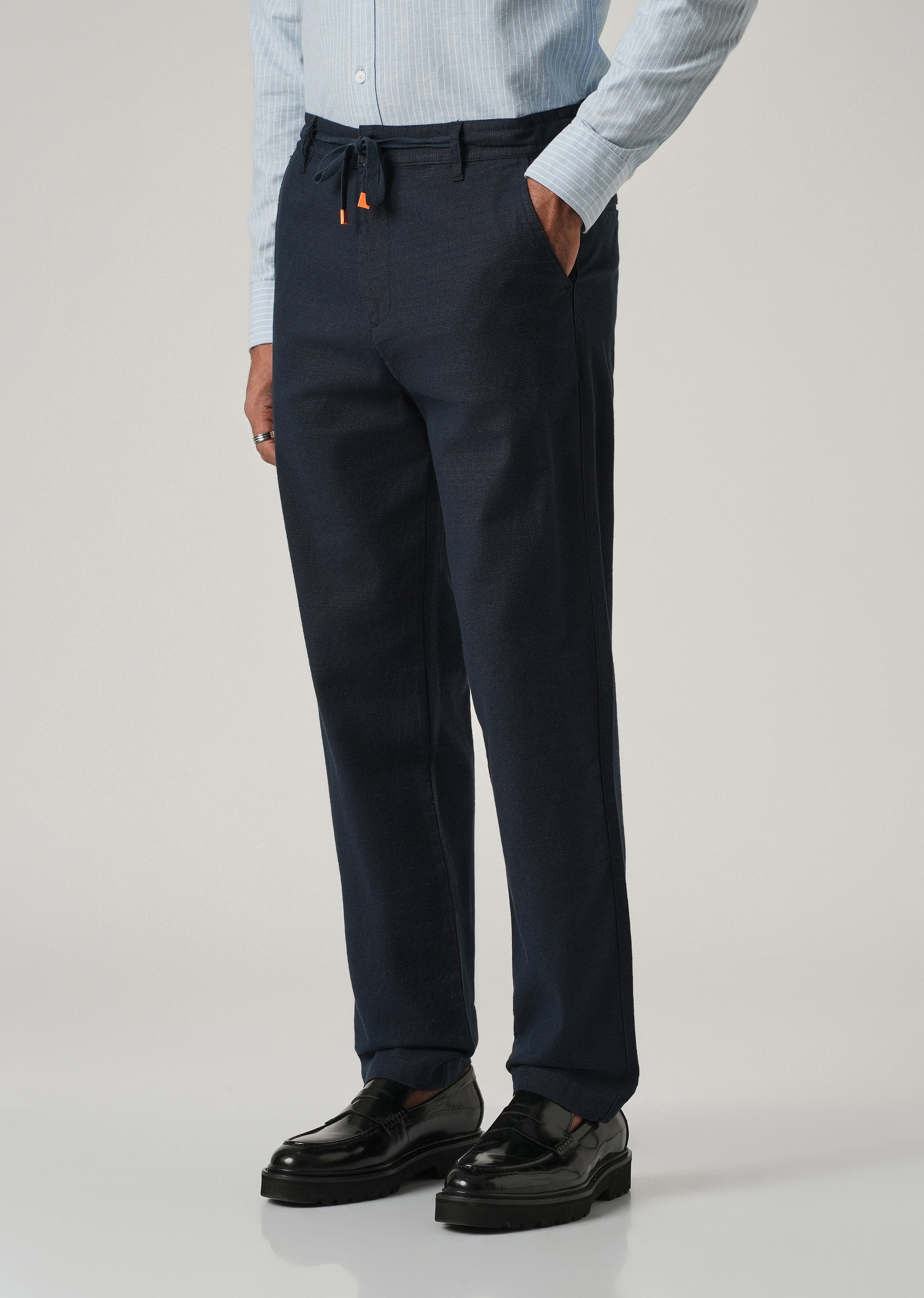Dark Blue Linen-Look Cotton Trousers