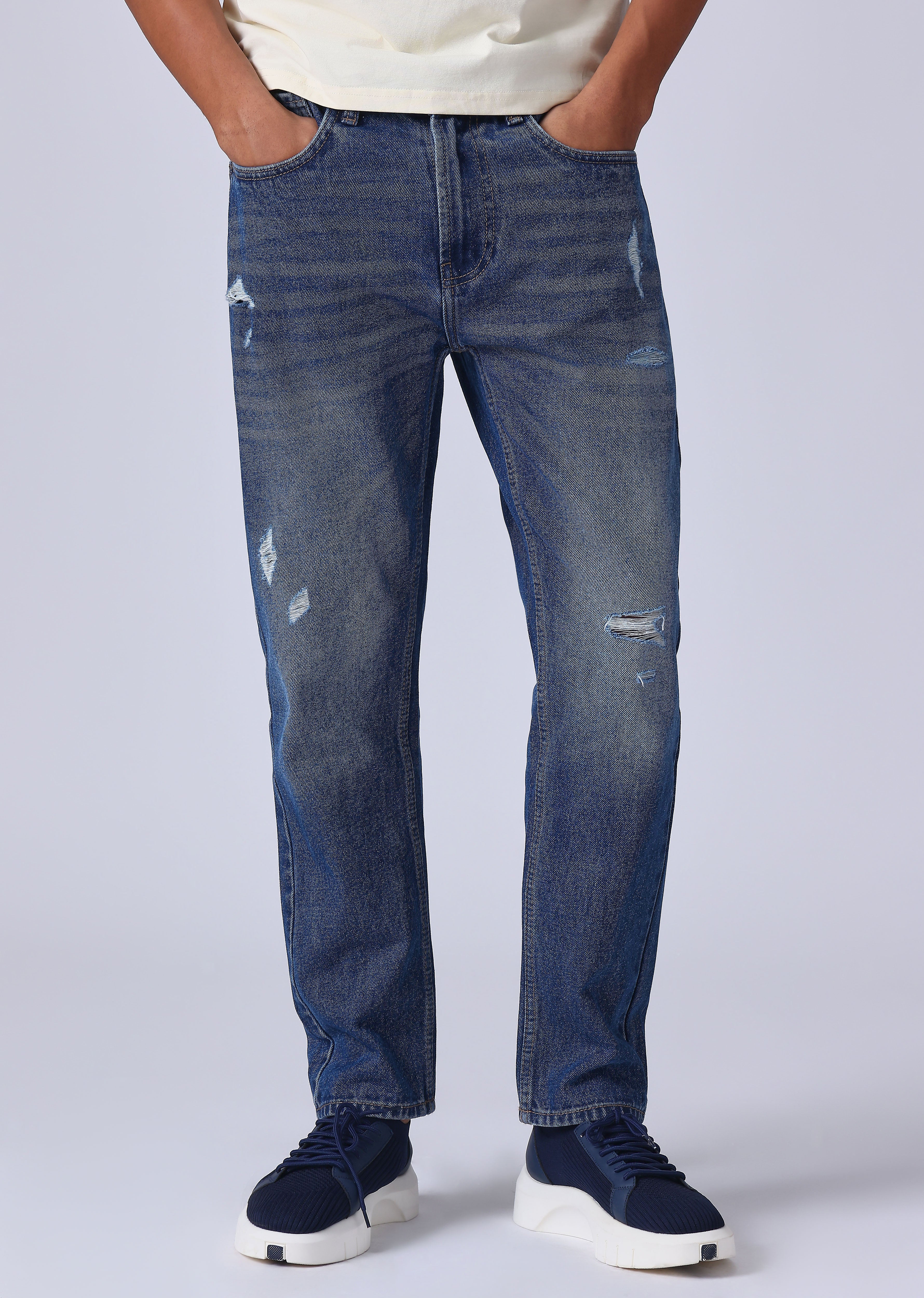 Dark Blue Ripped Carrot Fit Jeans