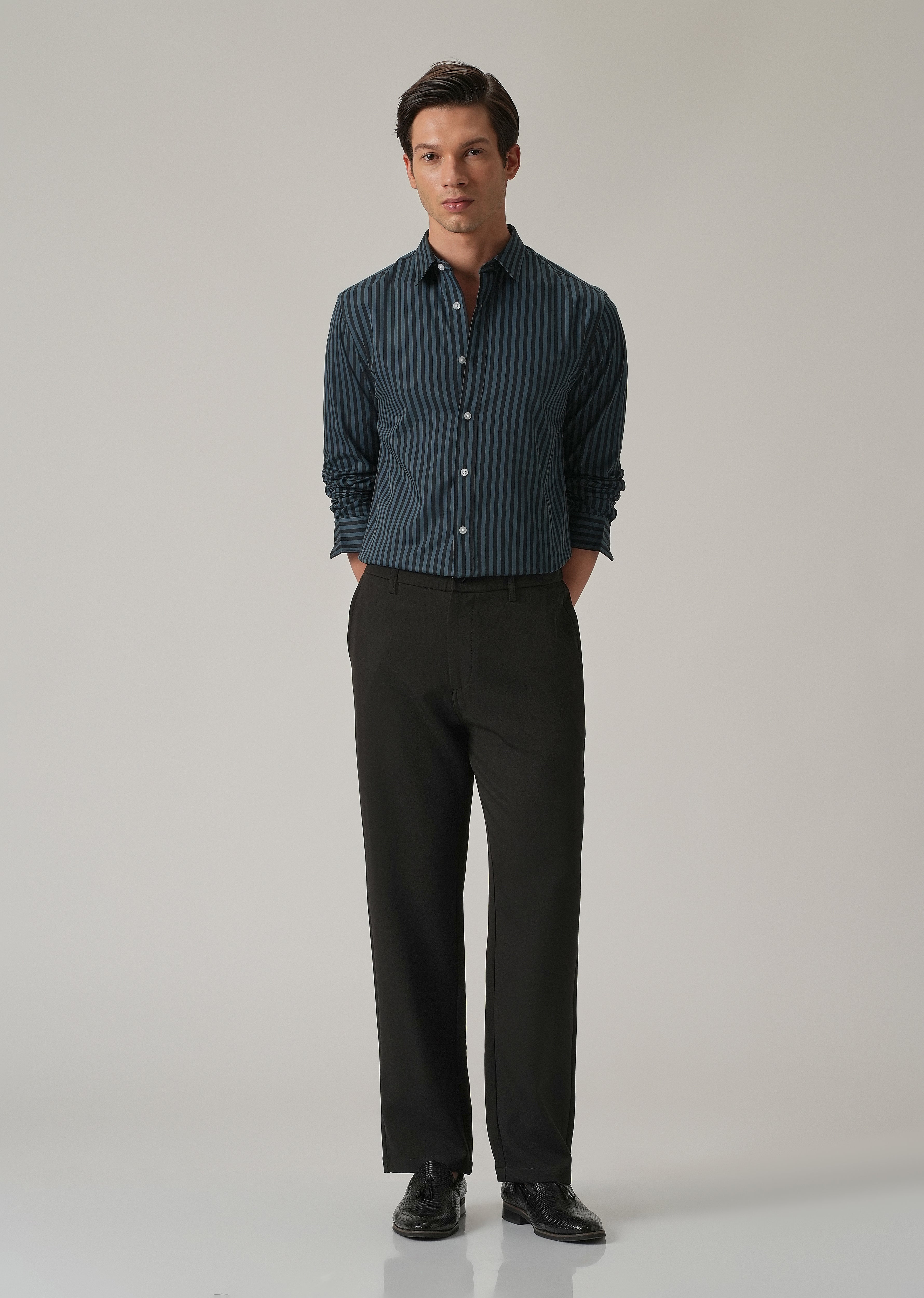 Dark Blue Satin Pin Stripe Shirt