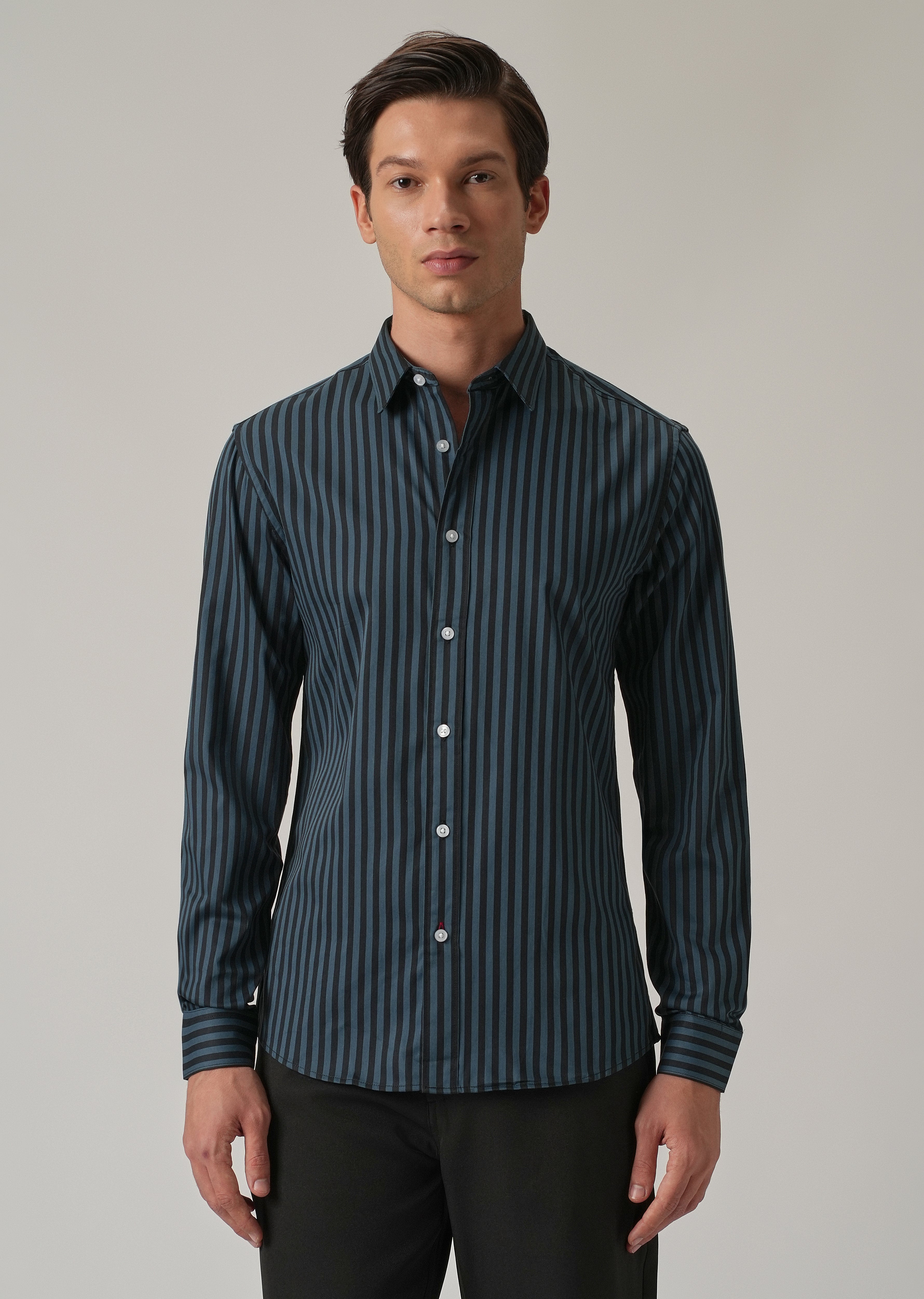 Dark Blue Satin Pin Stripe Shirt