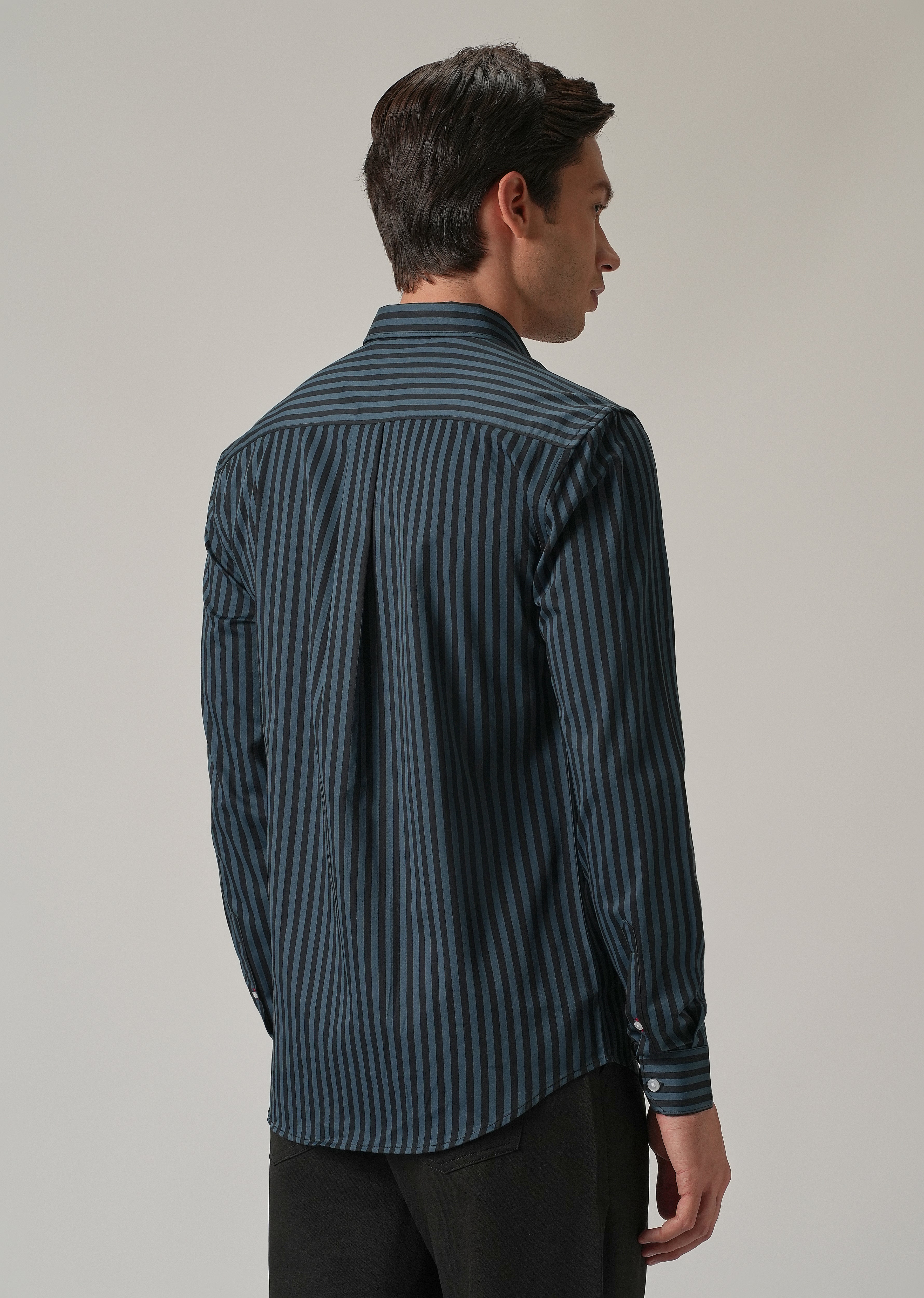 Dark Blue Satin Pin Stripe Shirt