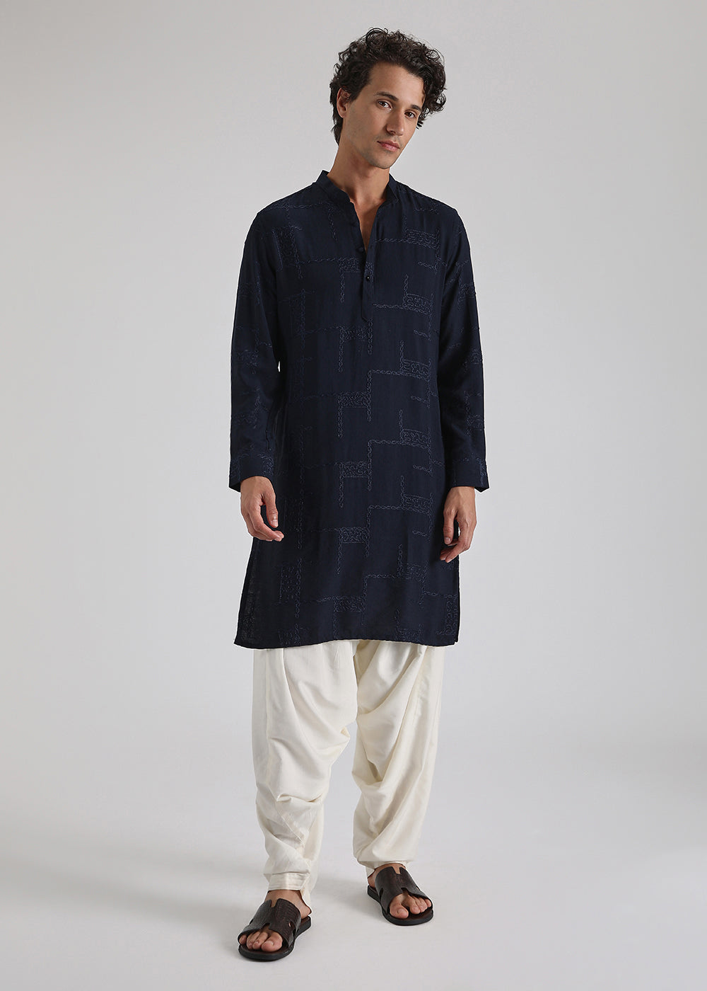 Dark Blue Self Embroidered Kurta