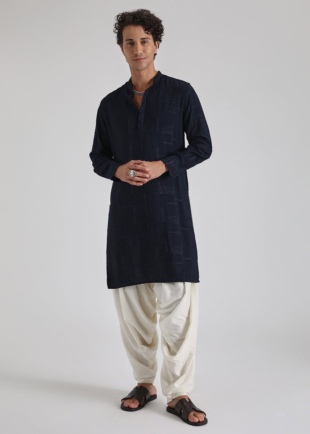 Dark Blue Self Embroidered Kurta