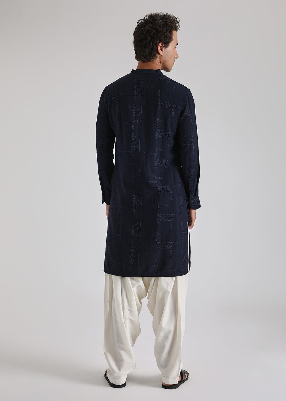 Dark Blue Self Embroidered Kurta