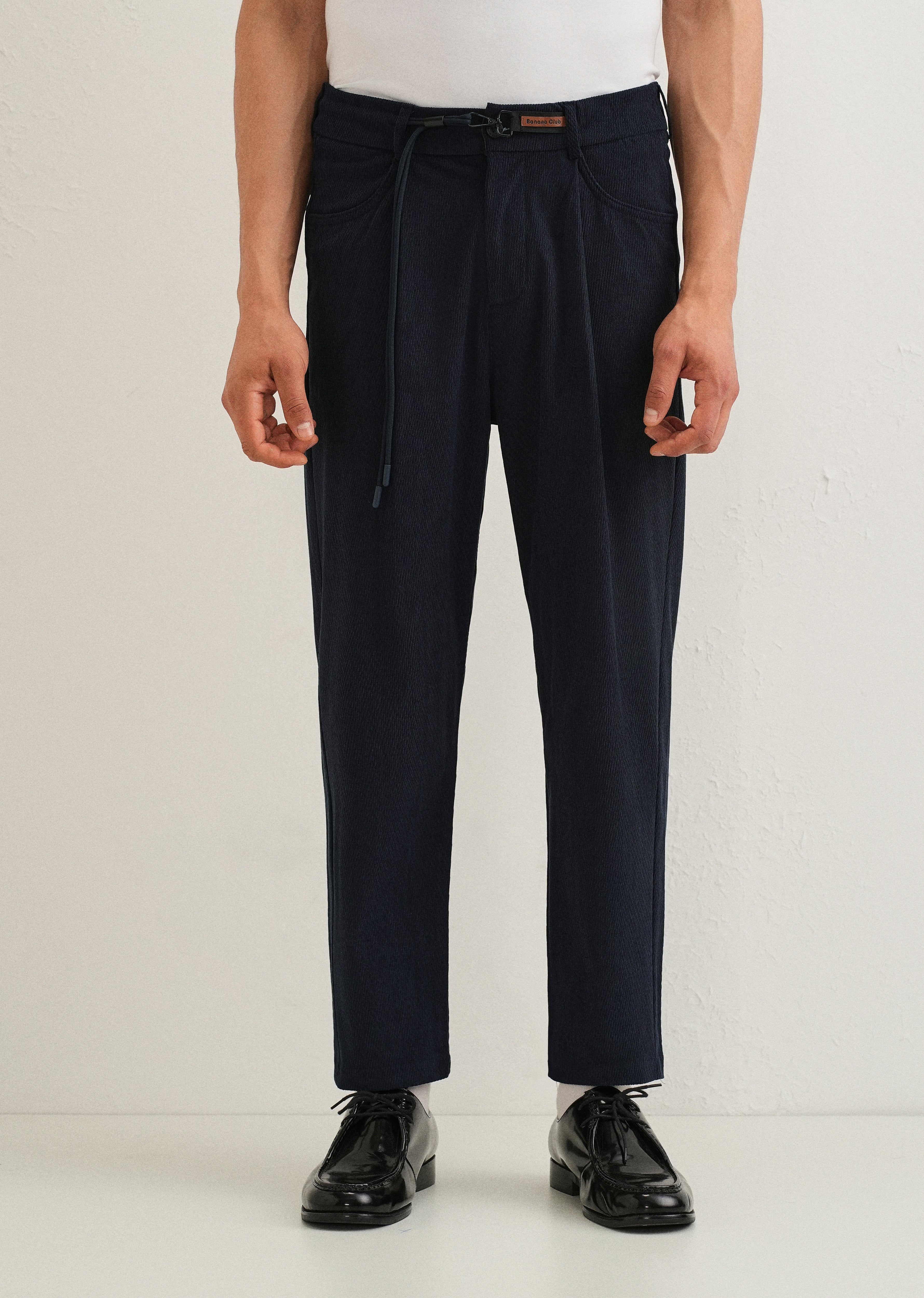 Dark Blue Textured Corduroy Drawstring Pant