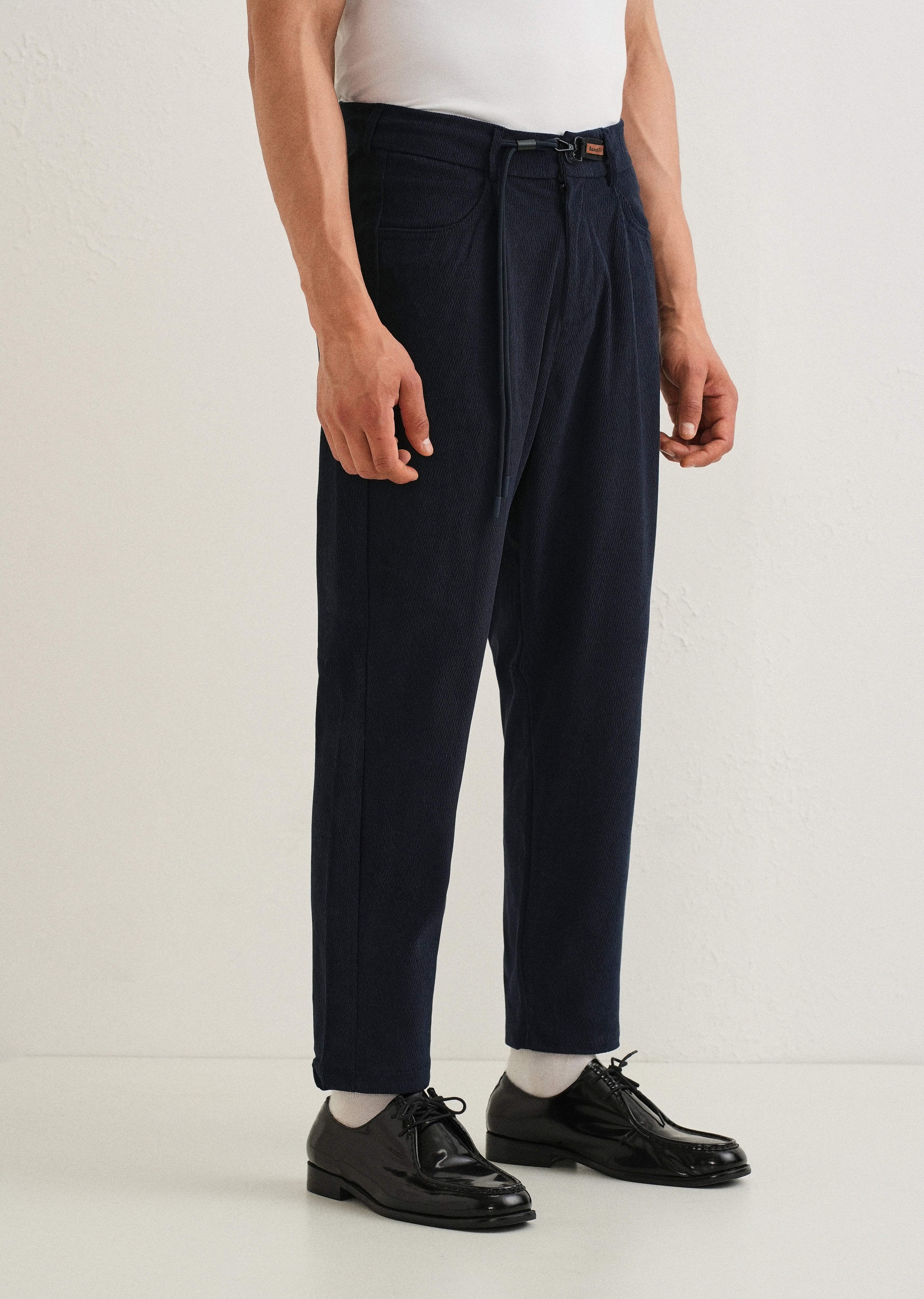 Dark Blue Textured Corduroy Drawstring Pant