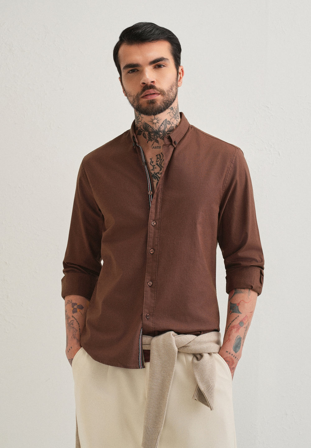 Dark Brown Contrast Placket Shirt