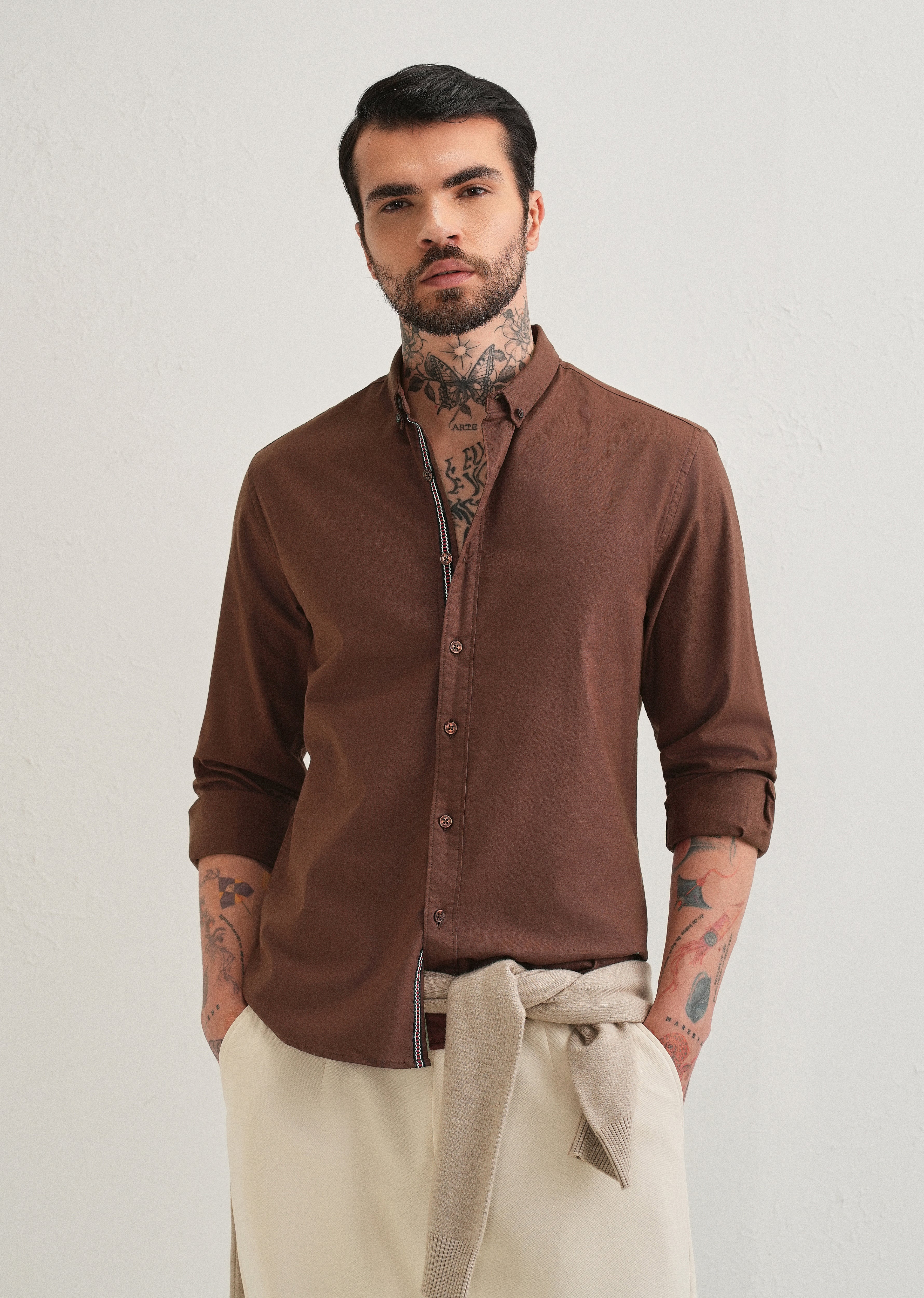 Dark Brown Contrast Placket Shirt