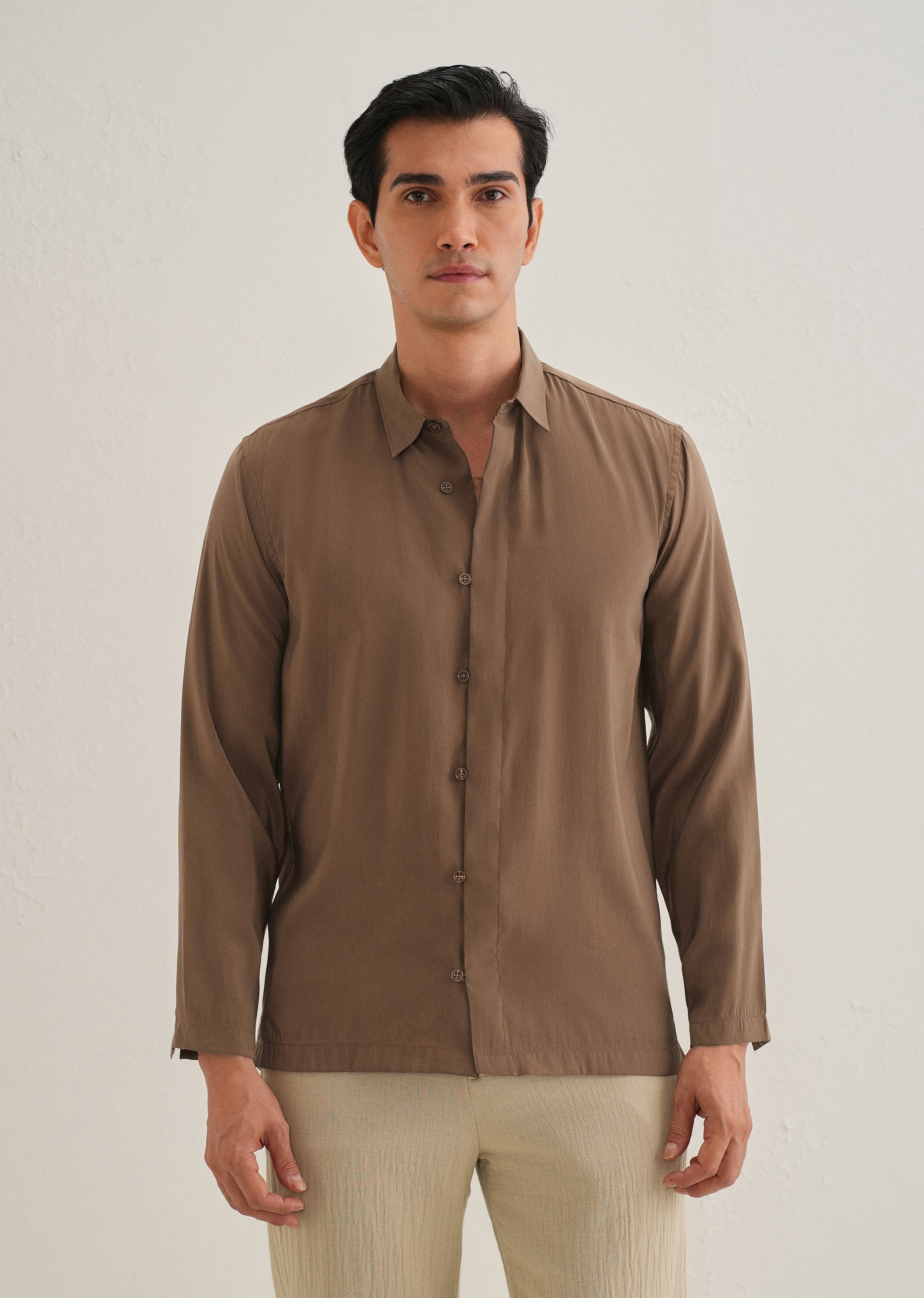 Dark Brown Loop Button-Down Plain Shirt