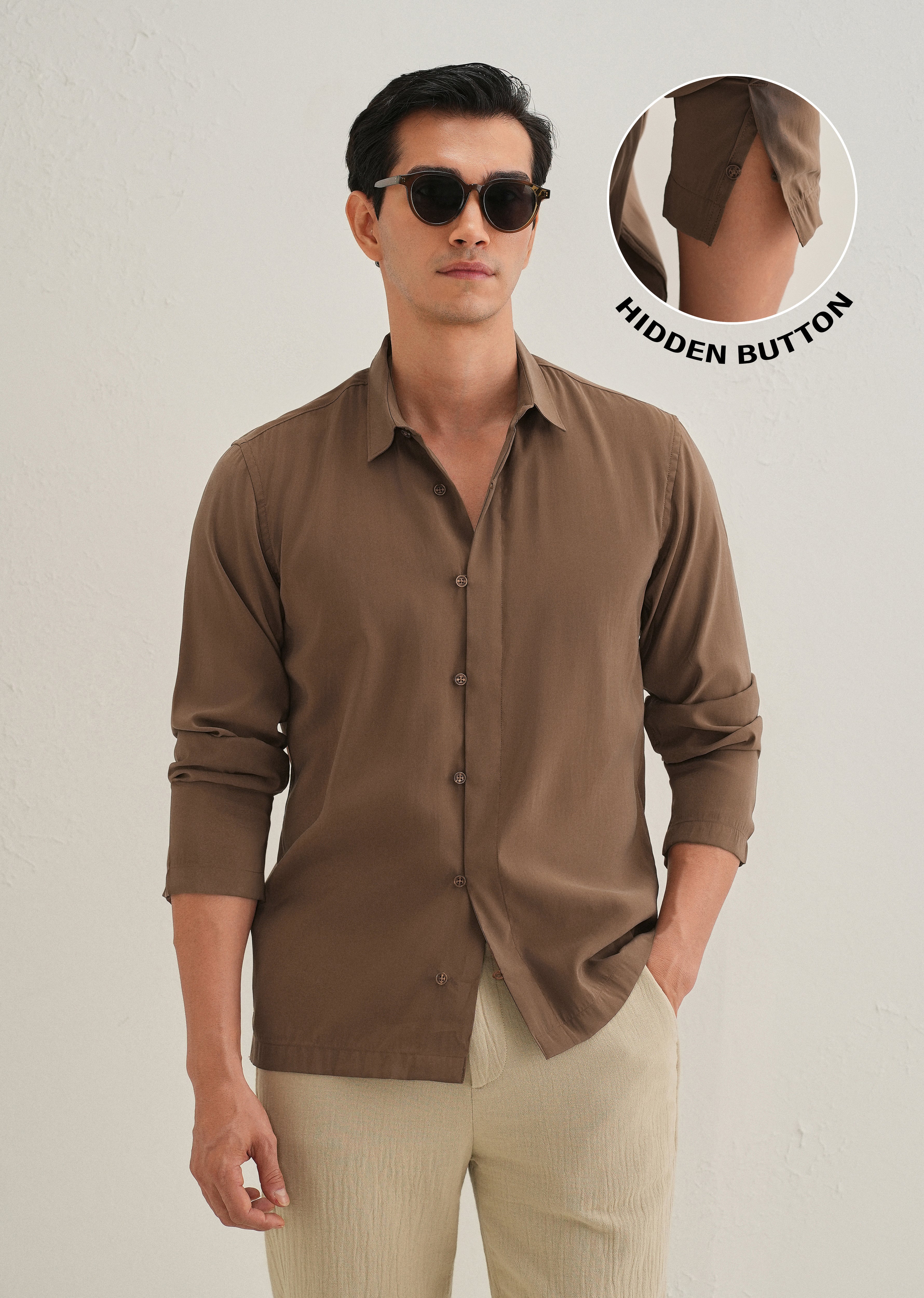 Dark Brown Loop Button-Down Plain Shirt