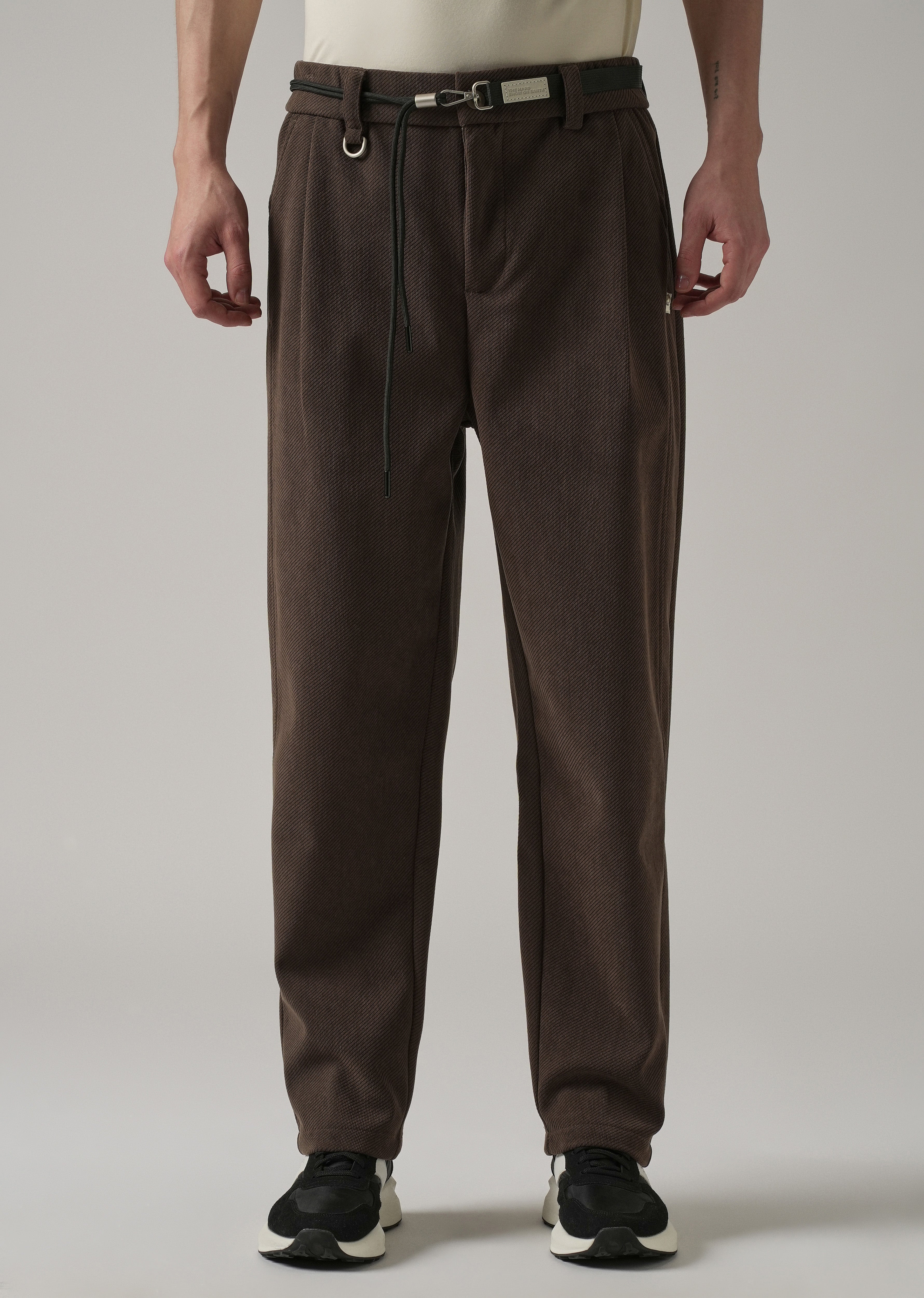 Dark Brown Textured Corduroy Belt Pant