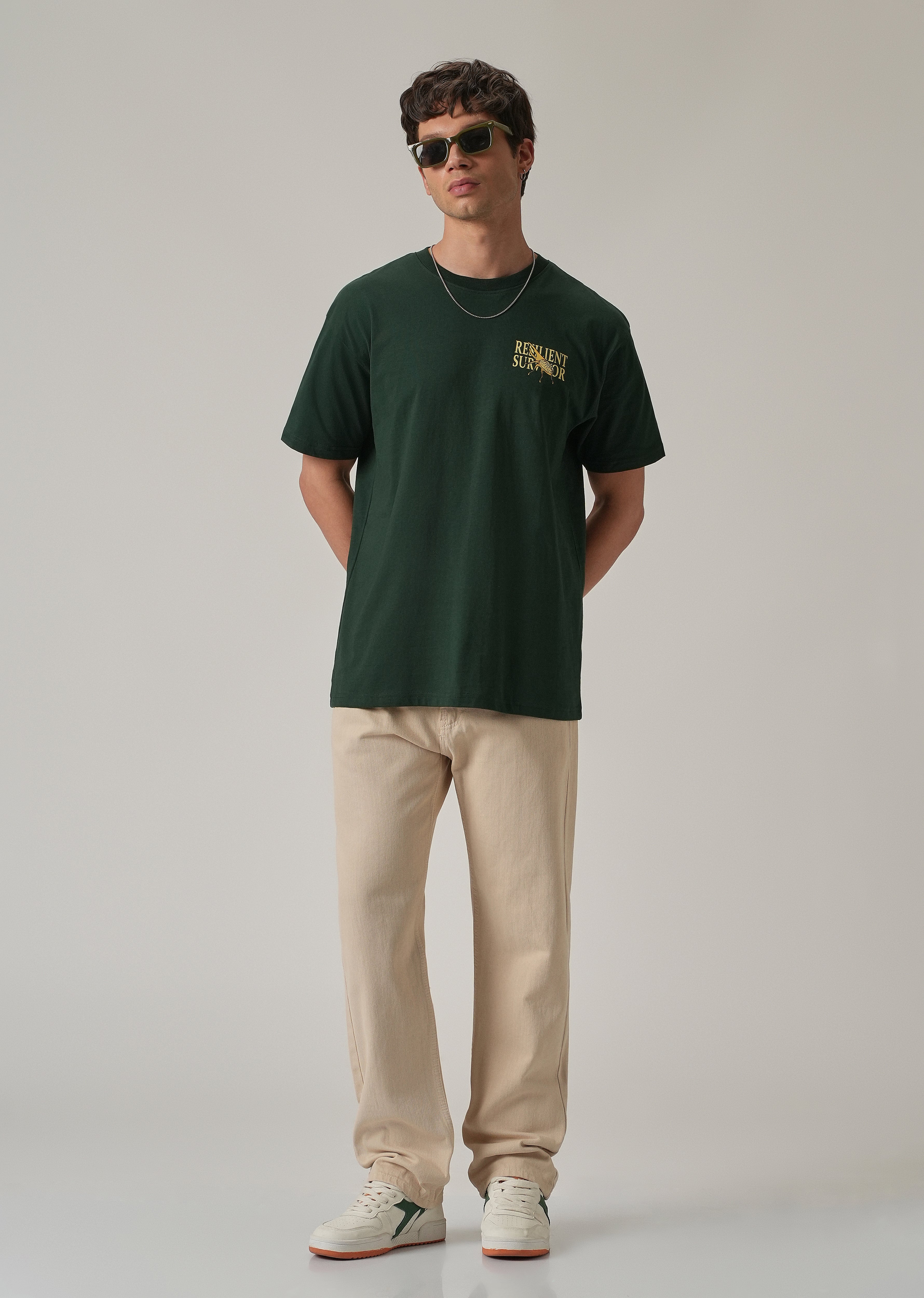 Dark Green Back Printed Oversized T-Shirt