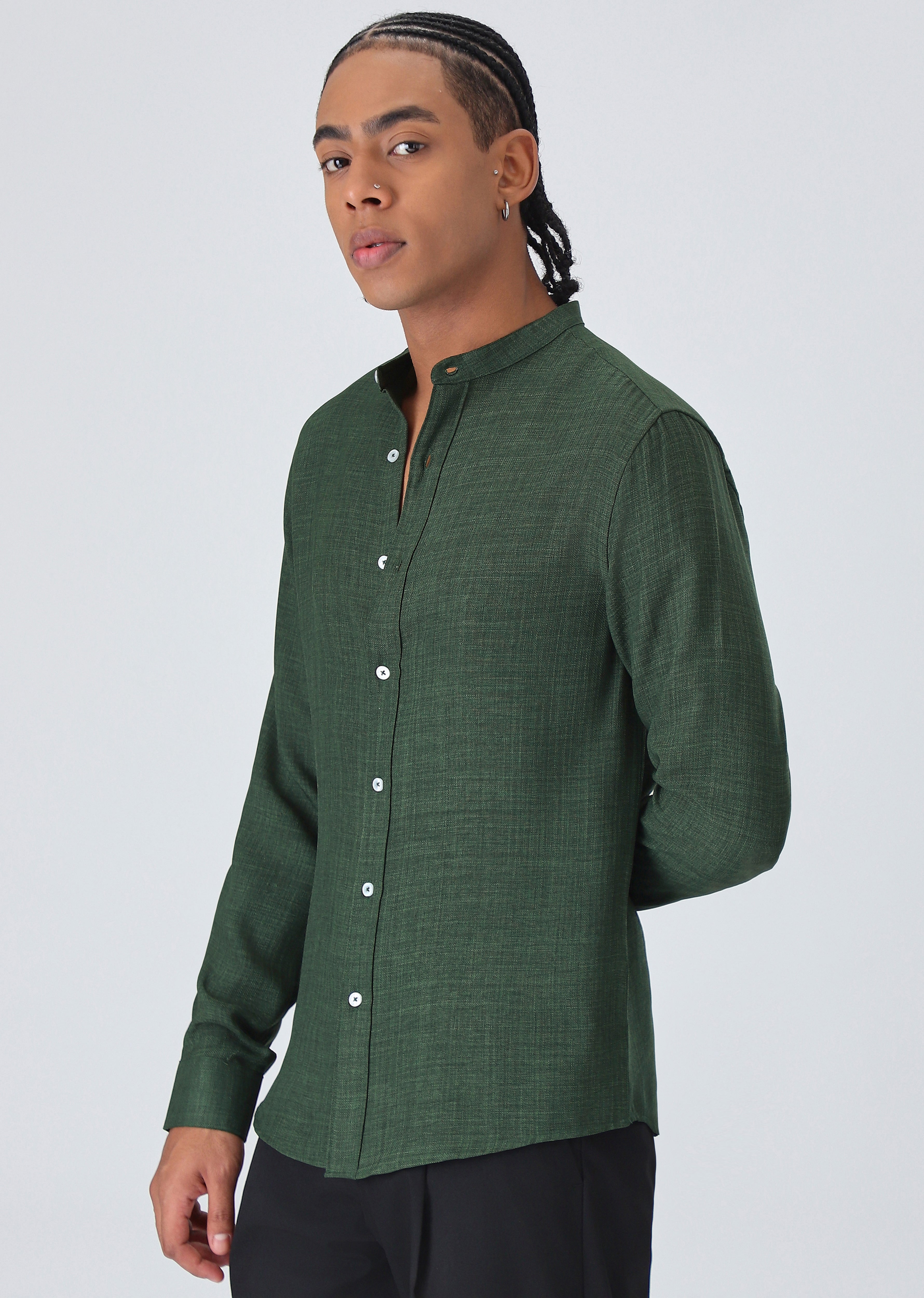 Dark Green Plain Mandarin Collar Shirt