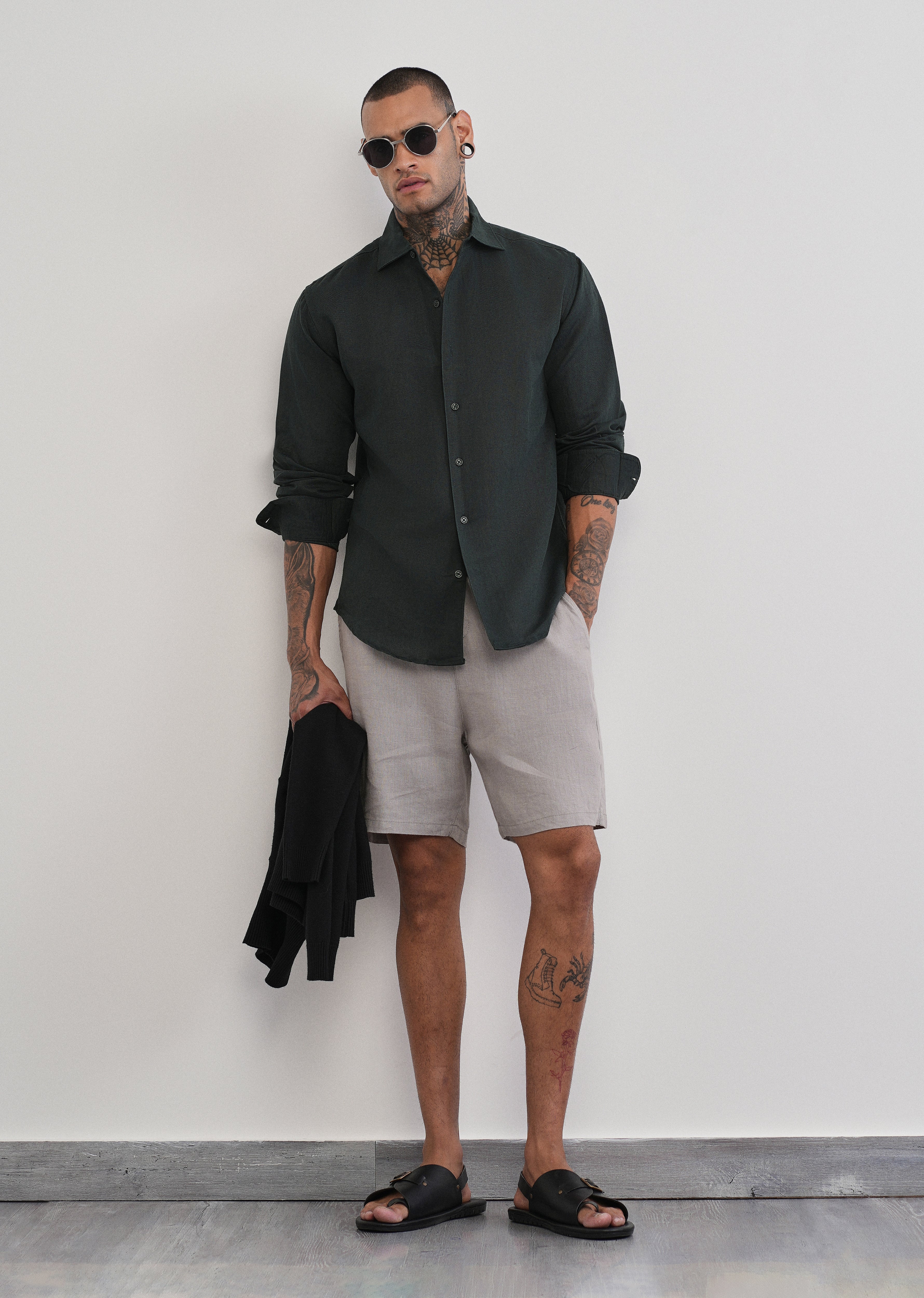 Dark Green Plain Cotton Linen Shirt