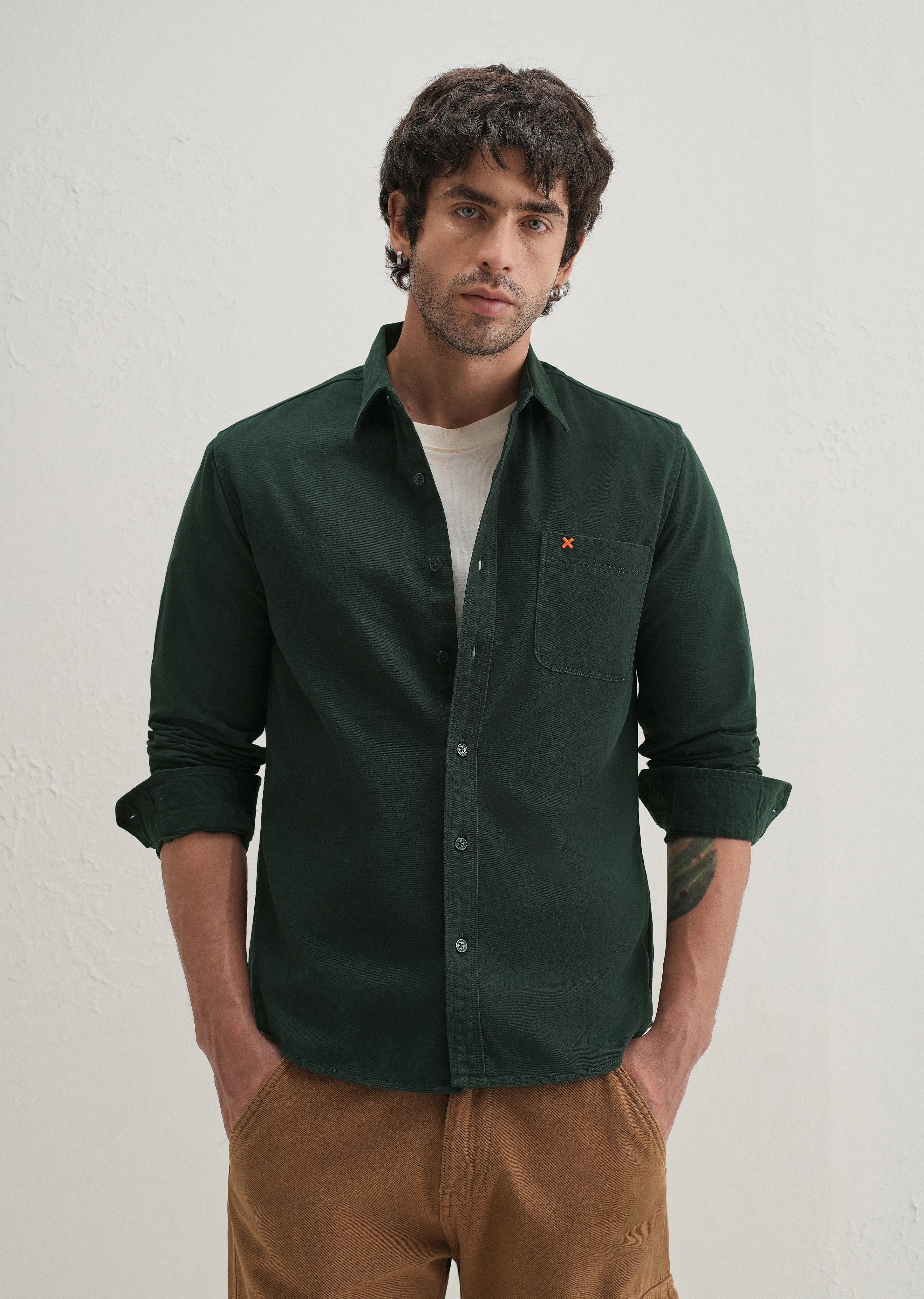 Dark Green Plain Cotton Single Pocket Shirt