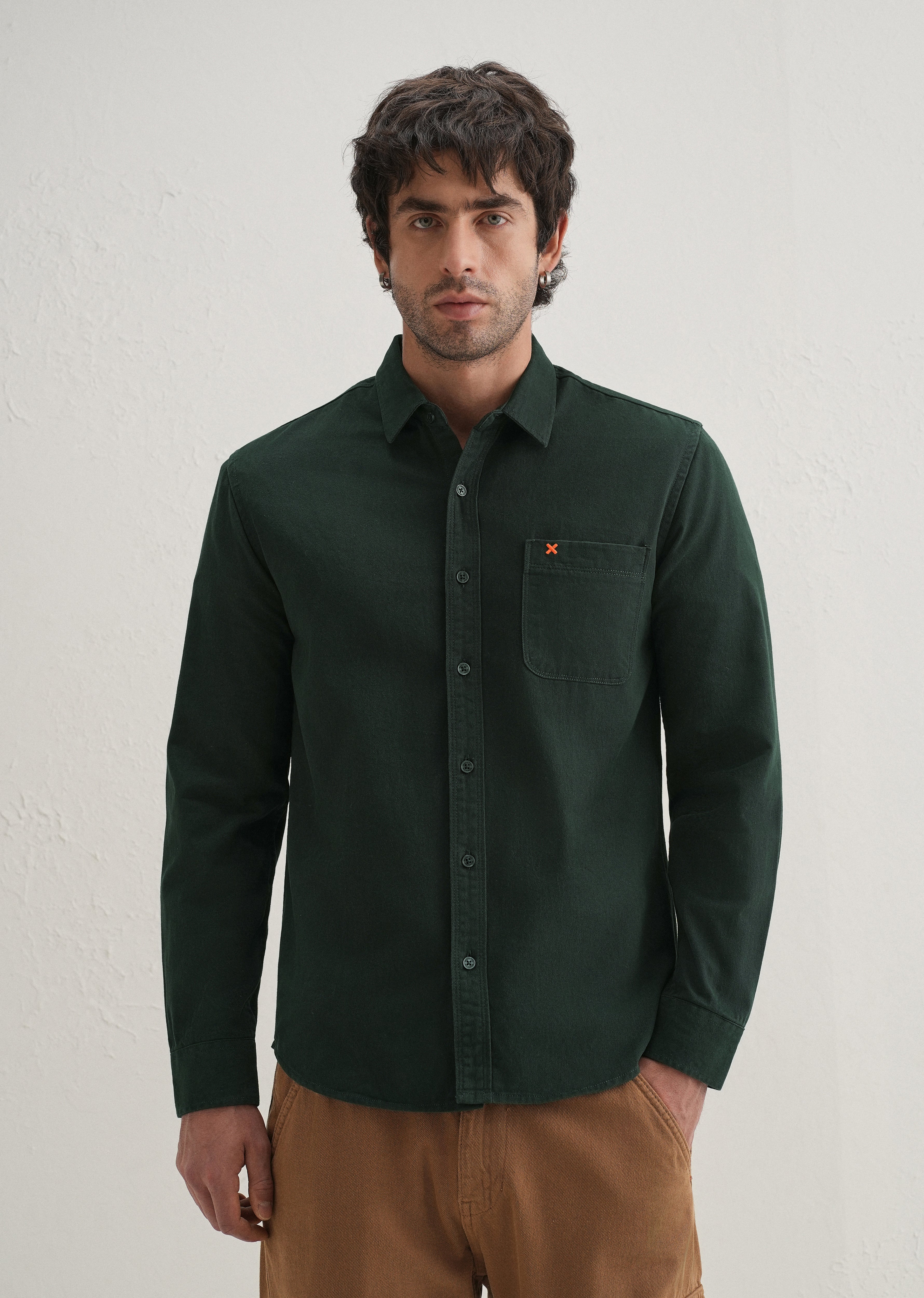 Dark Green Plain Cotton Single Pocket Shirt