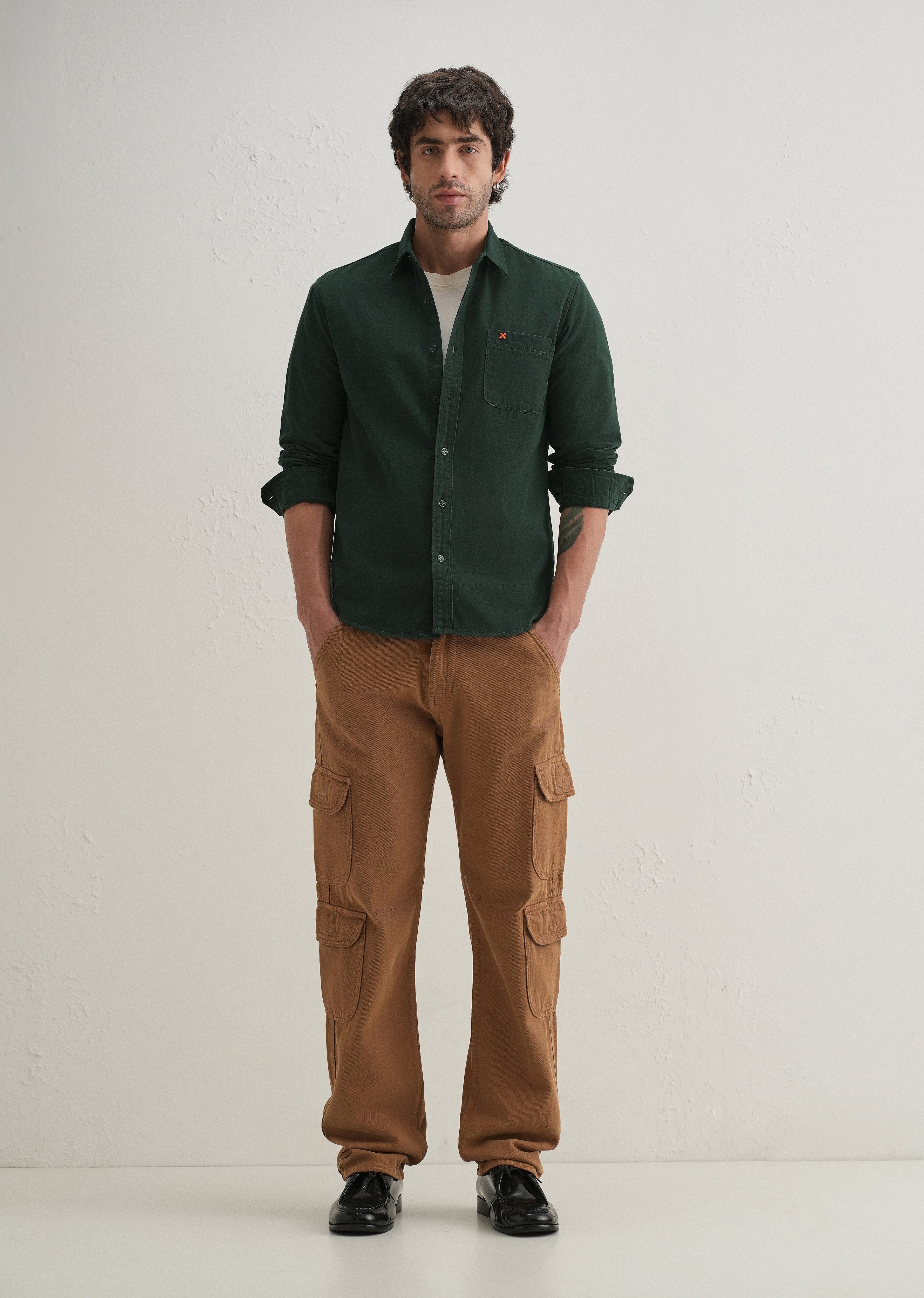 Dark Green Plain Cotton Single Pocket Shirt