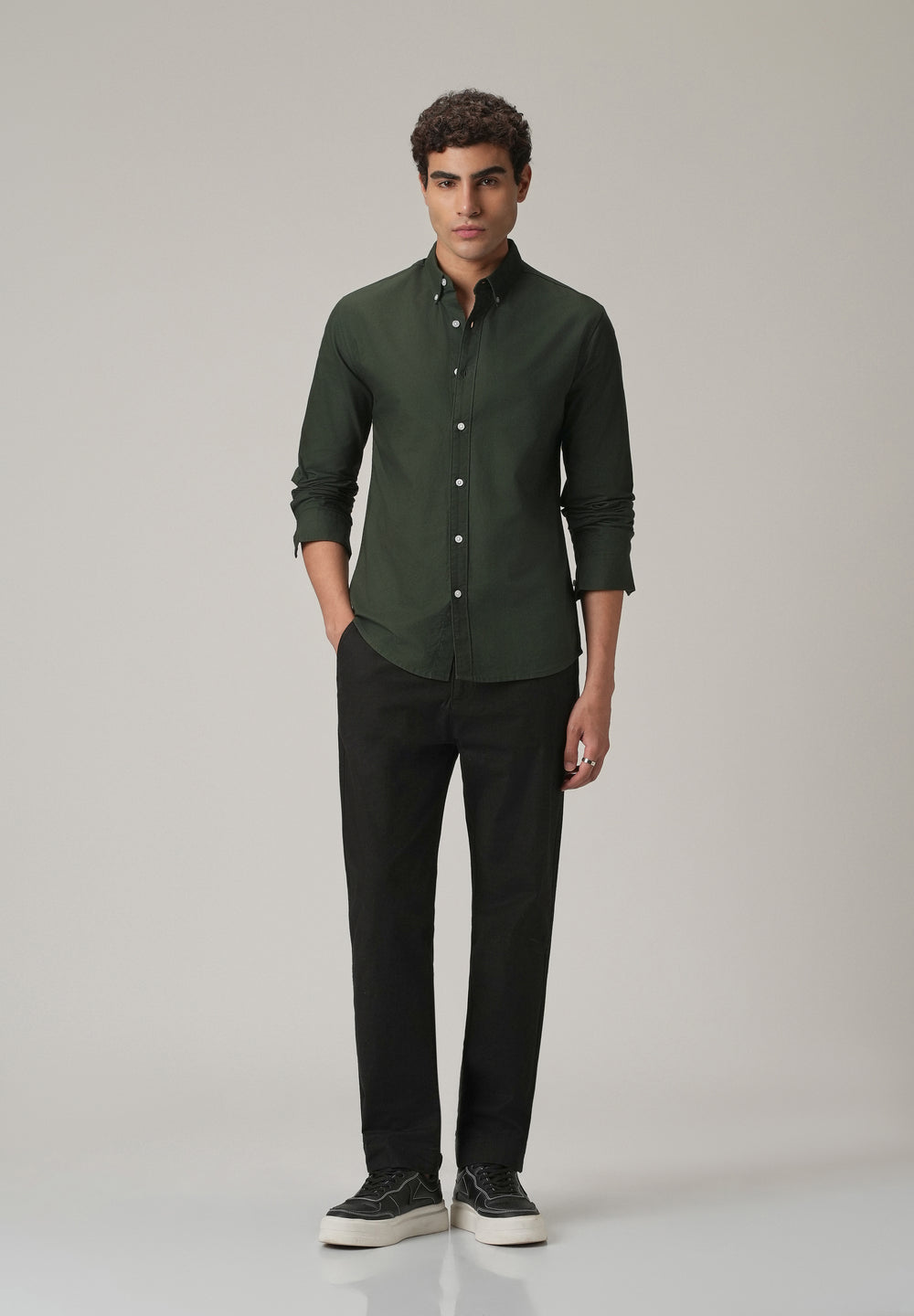 Dark Green Plain Elbow Patch Oxford Shirt