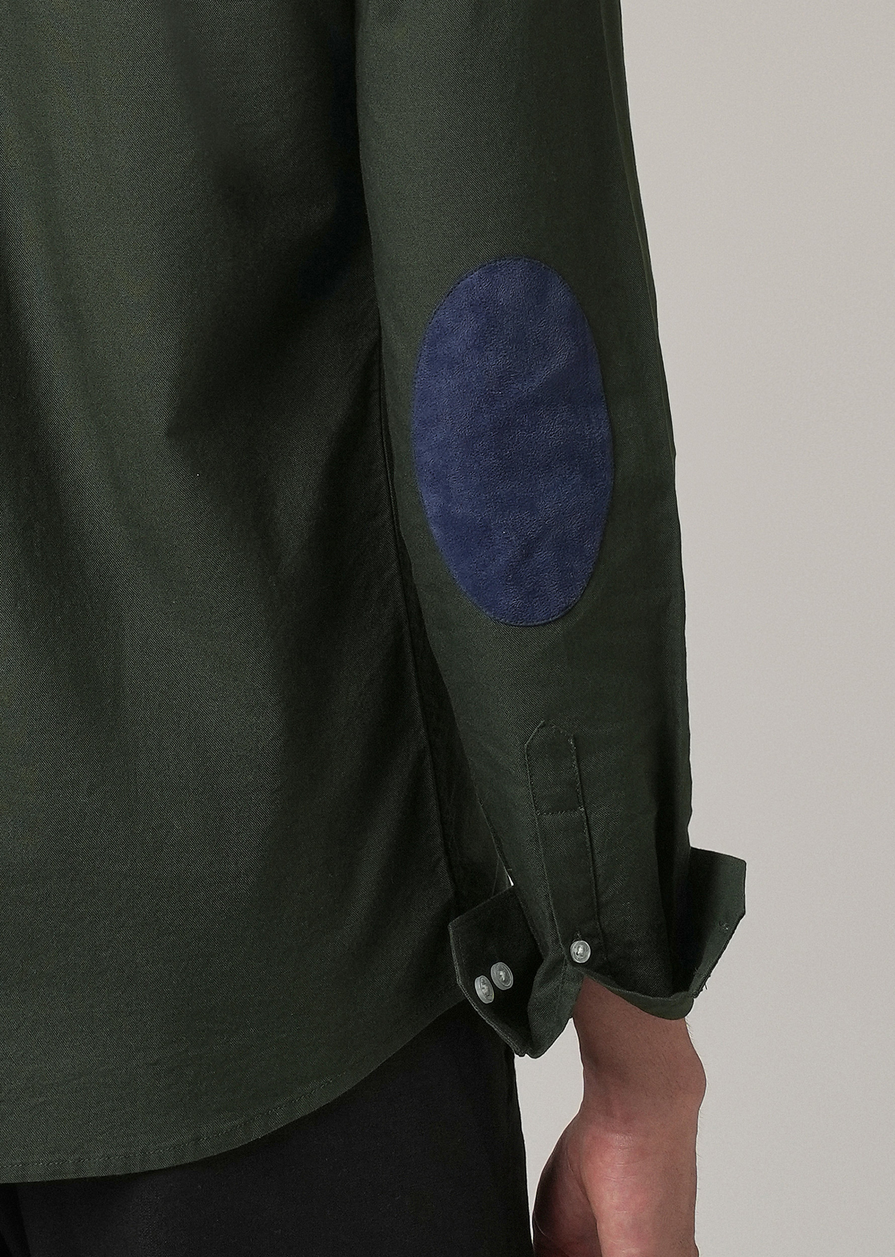 Dark Green Plain Elbow Patch Oxford Shirt