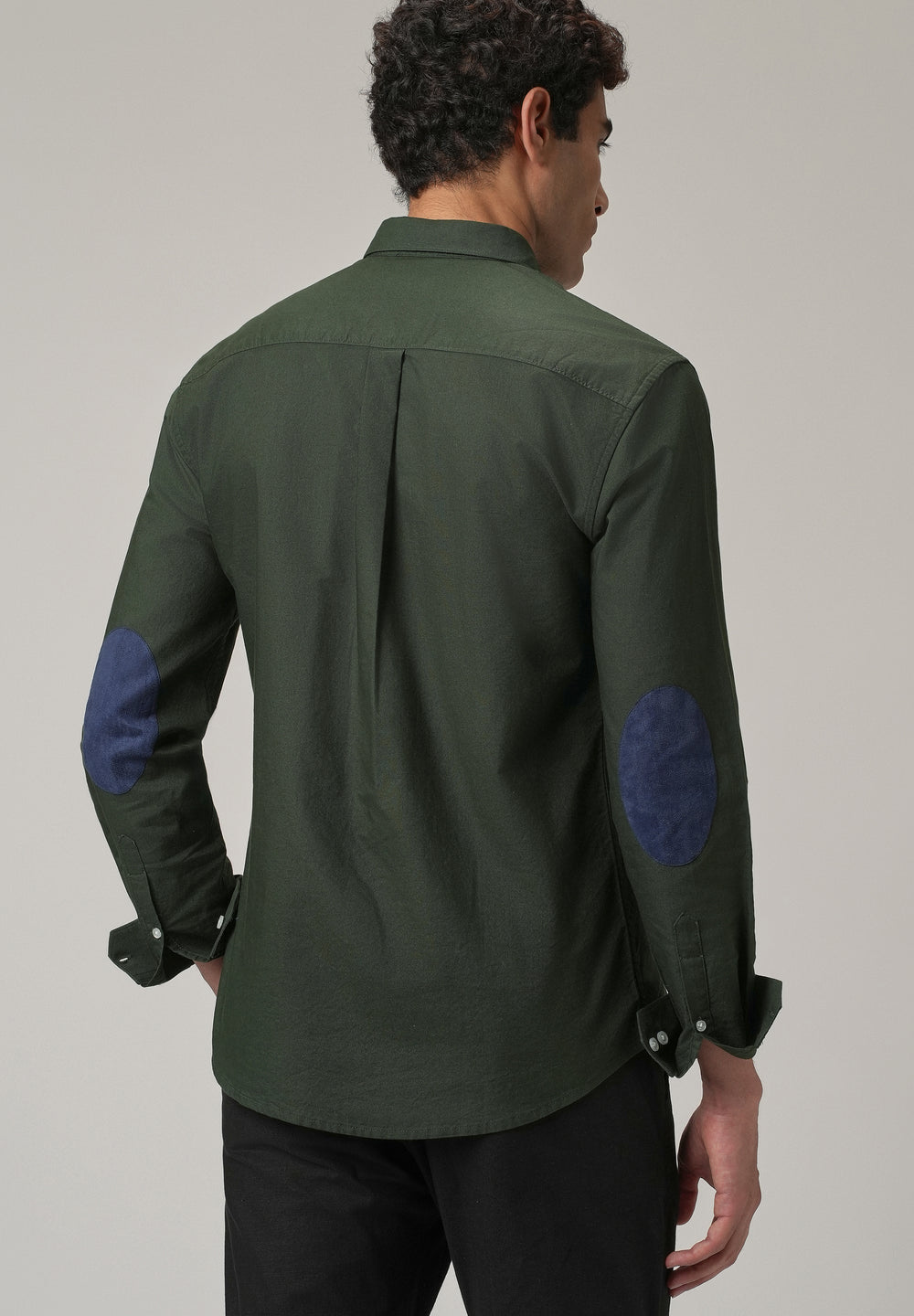 Dark Green Plain Elbow Patch Oxford Shirt