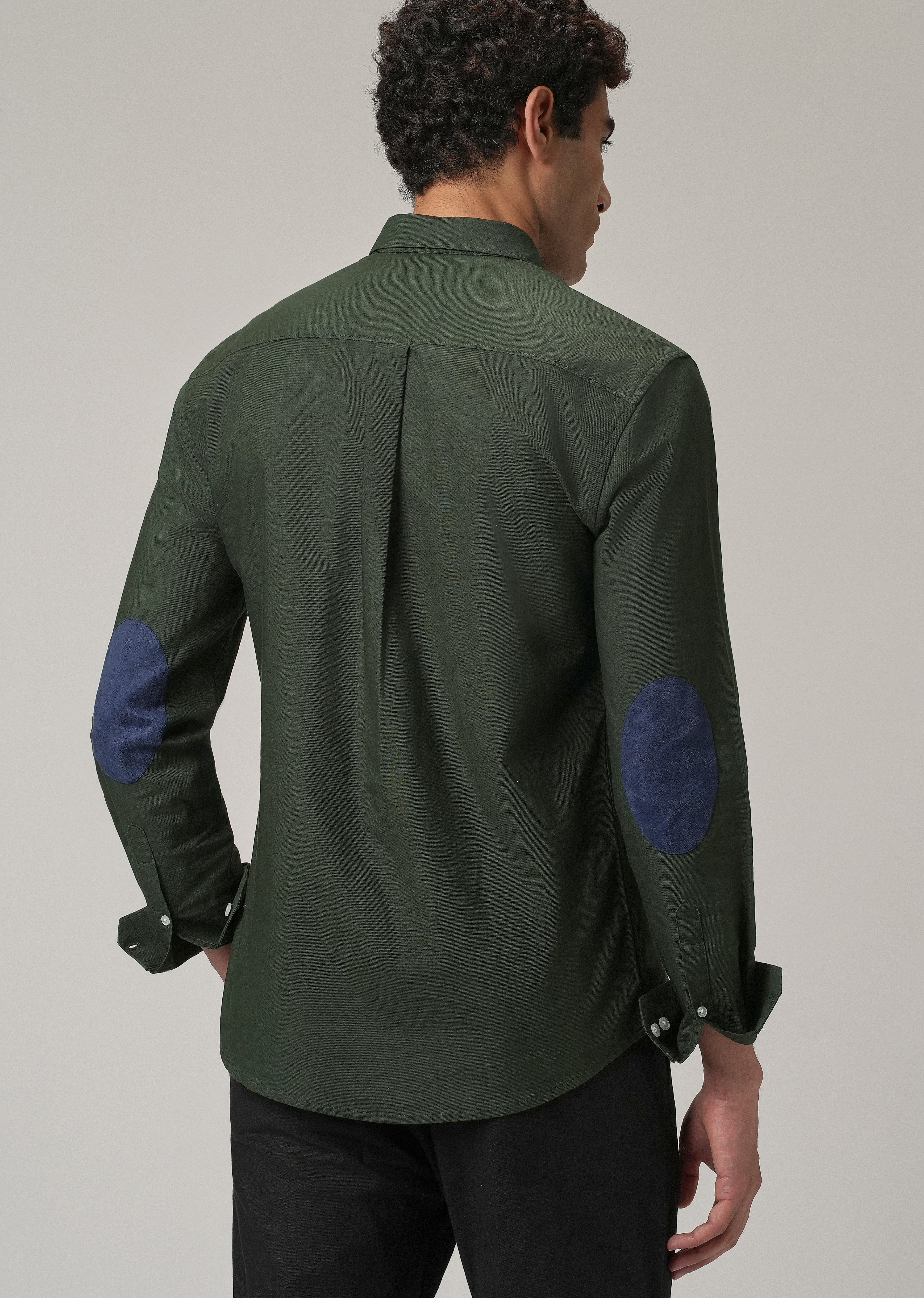 Dark Green Plain Elbow Patch Oxford Shirt