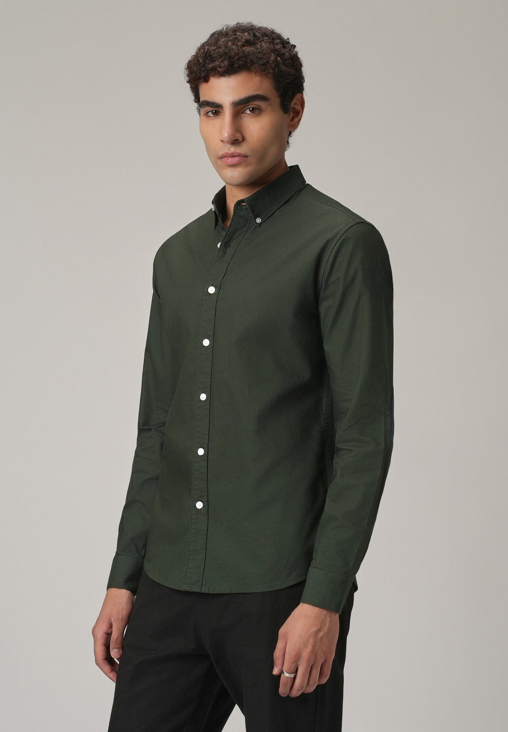 Dark Green Plain Elbow Patch Oxford Shirt