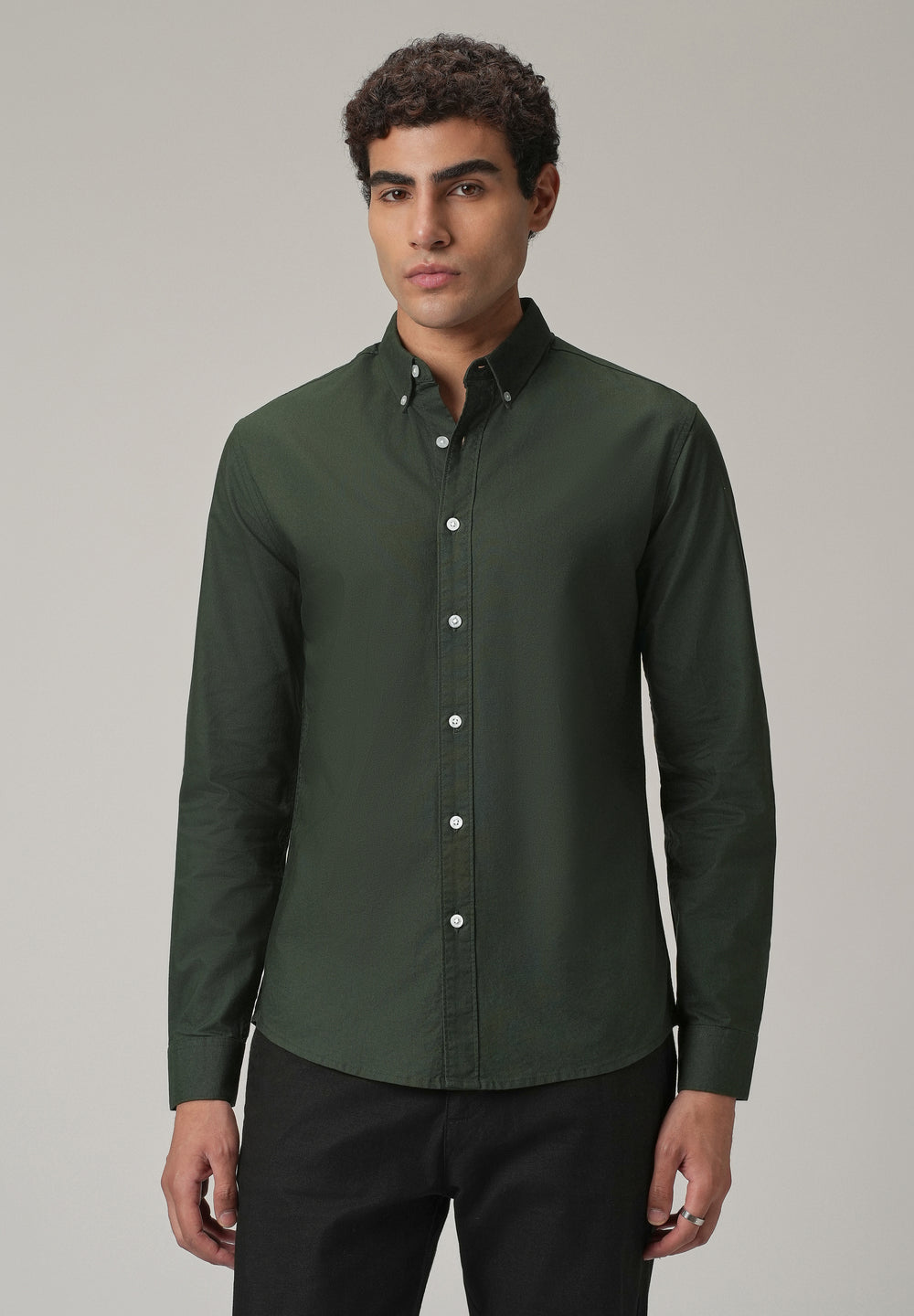 Dark Green Plain Elbow Patch Oxford Shirt
