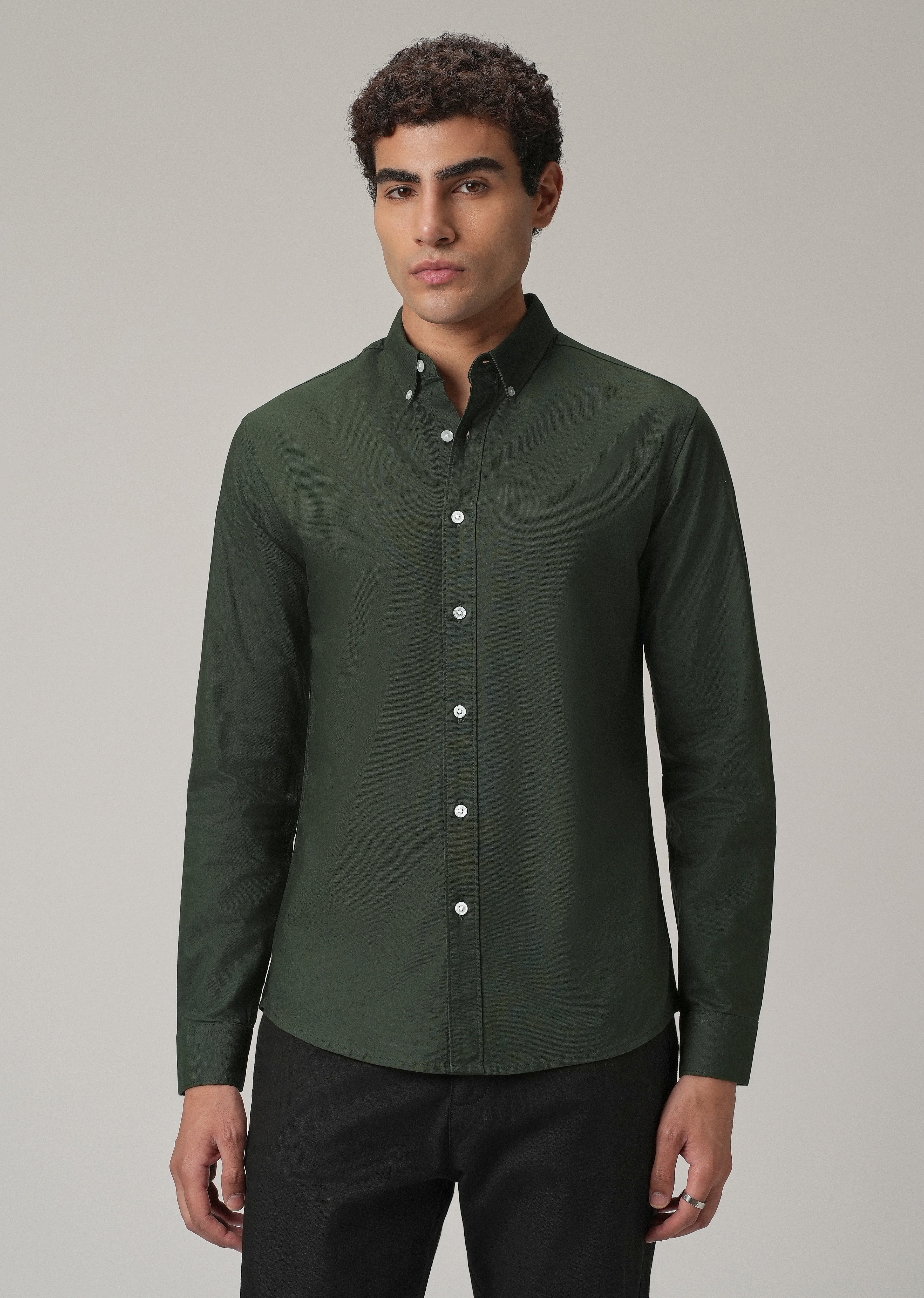 Dark Green Plain Elbow Patch Oxford Shirt