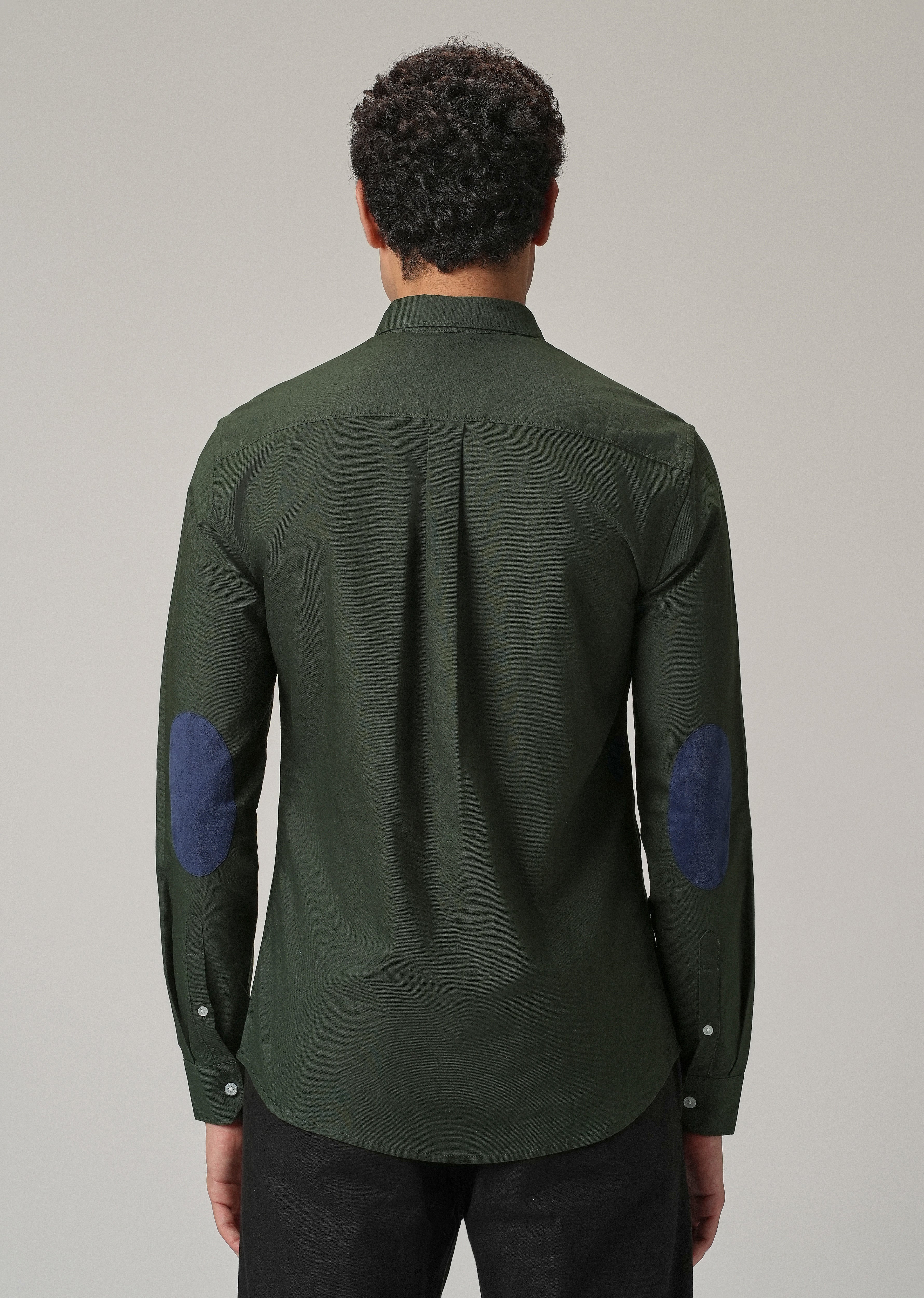 Dark Green Plain Elbow Patch Oxford Shirt