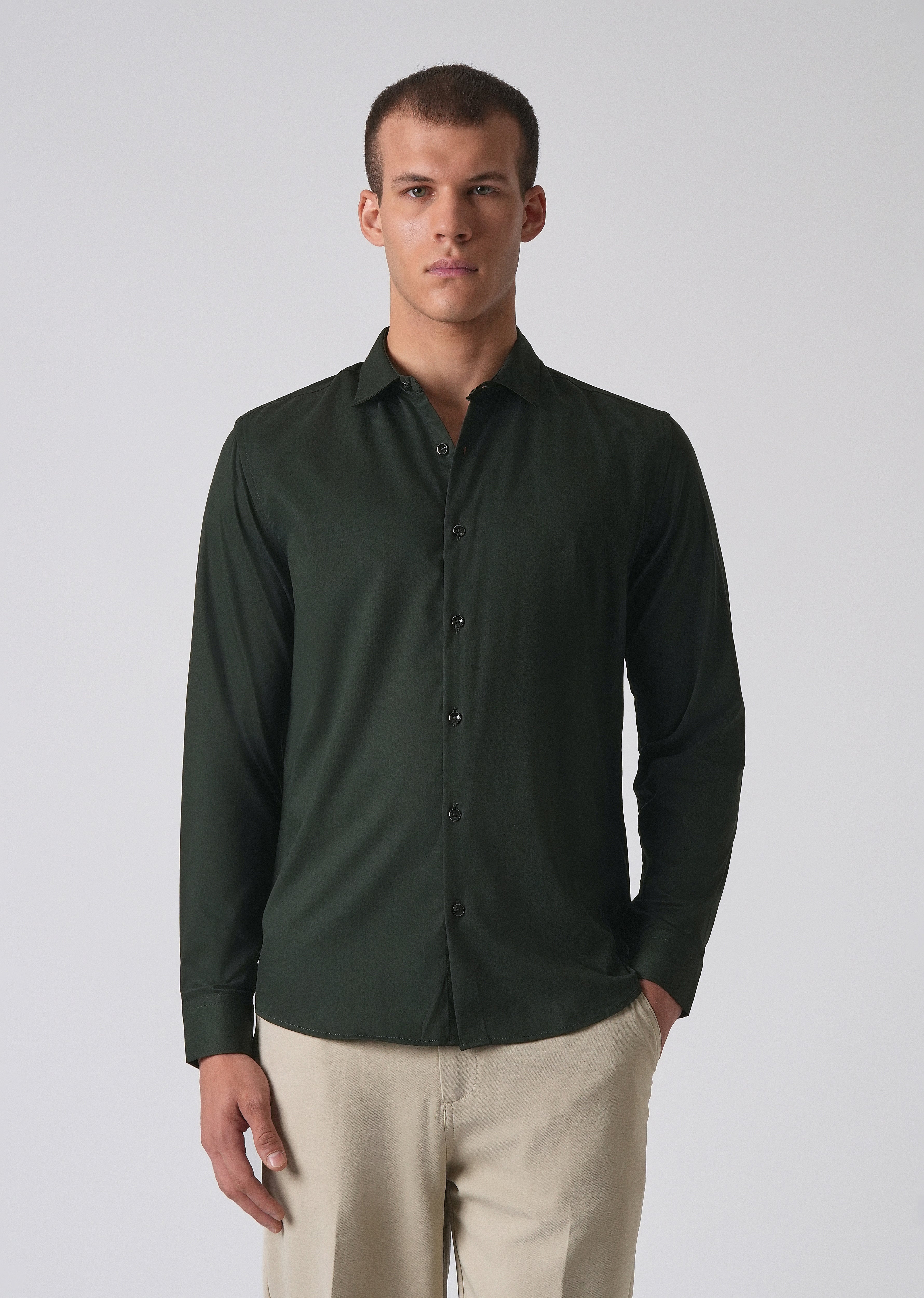 Dark Green Cotton Stretch Plain Shirt