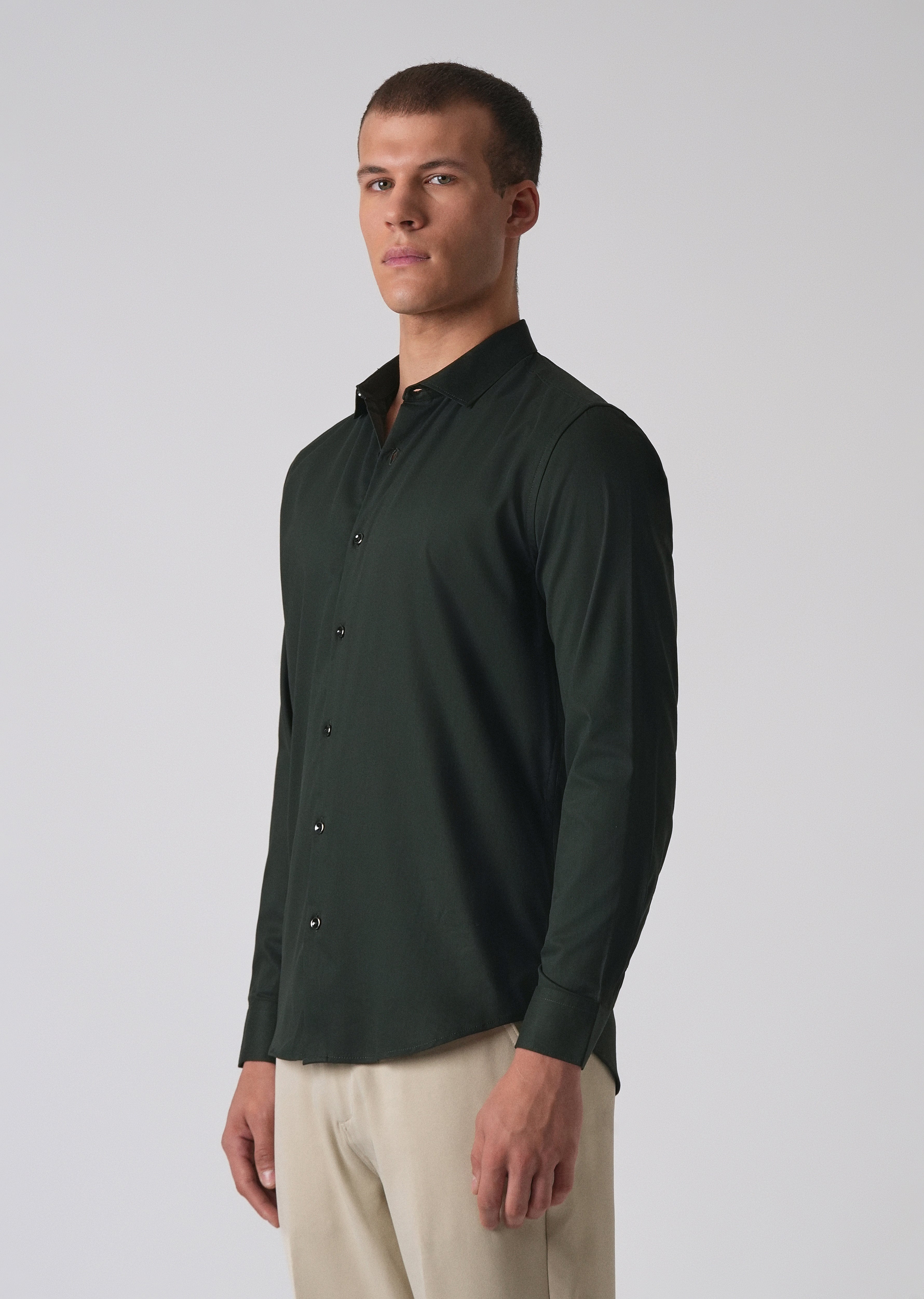 Dark Green Cotton Stretch Plain Shirt