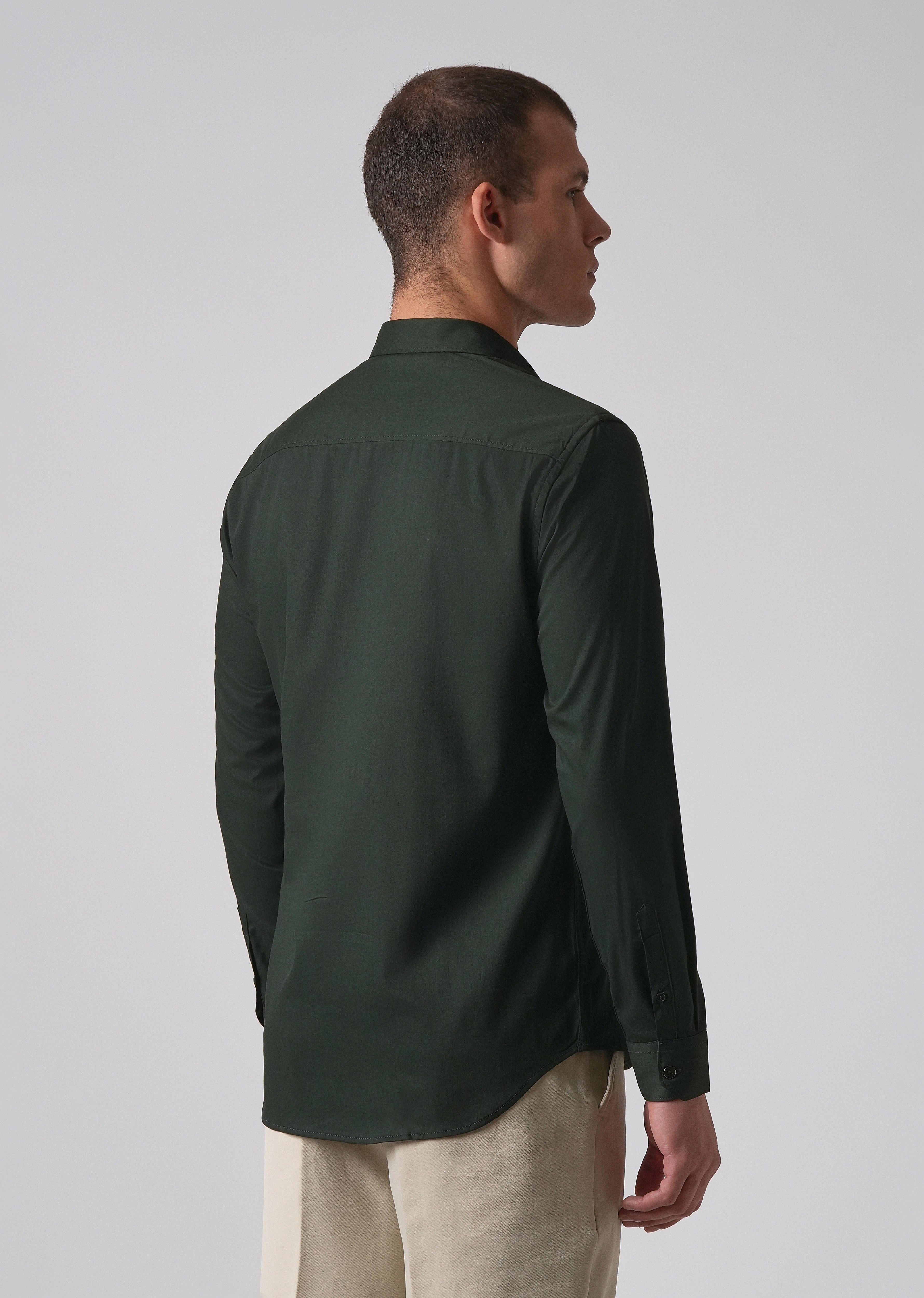 Dark Green Cotton Stretch Plain Shirt