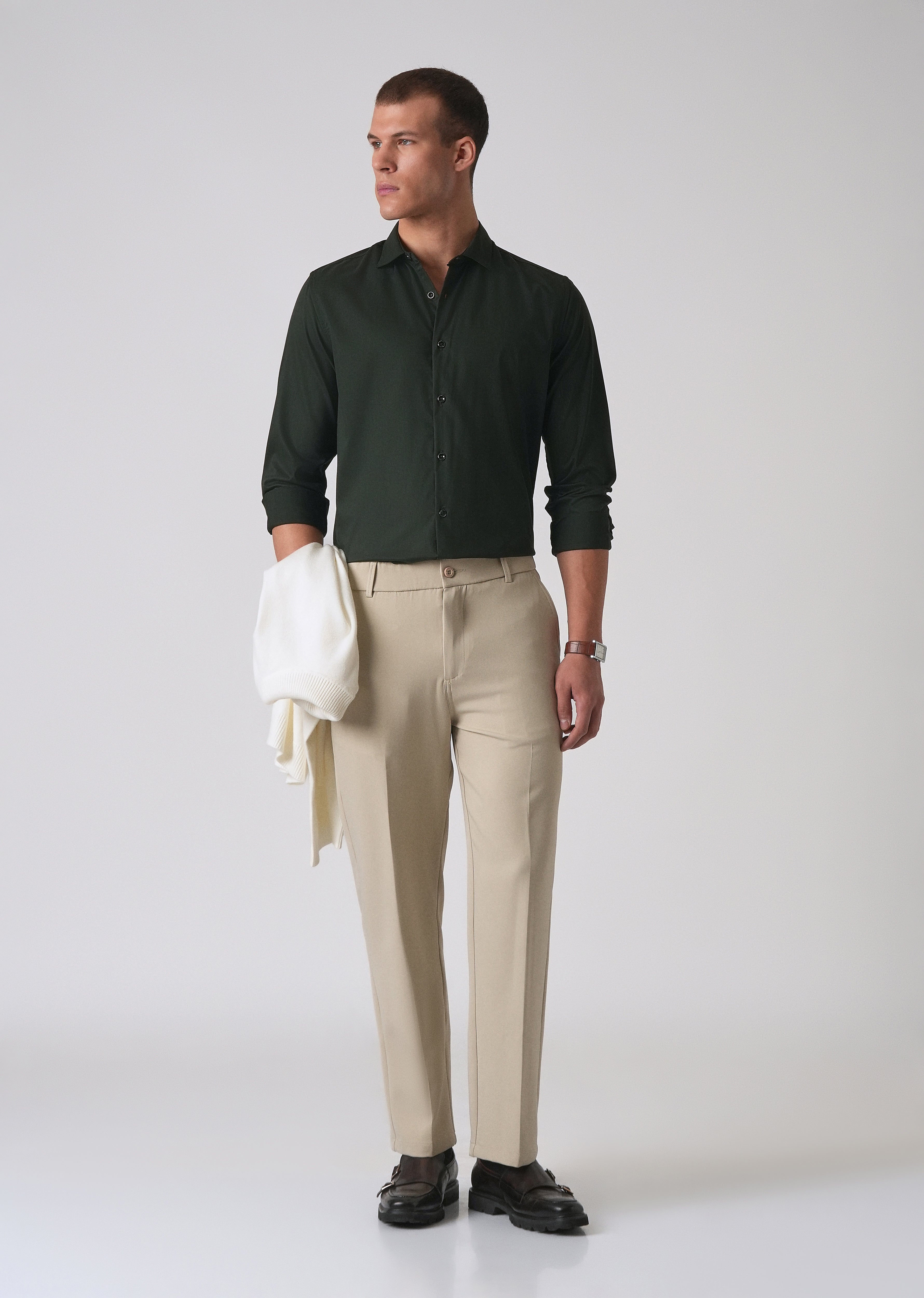 Dark Green Cotton Stretch Plain Shirt