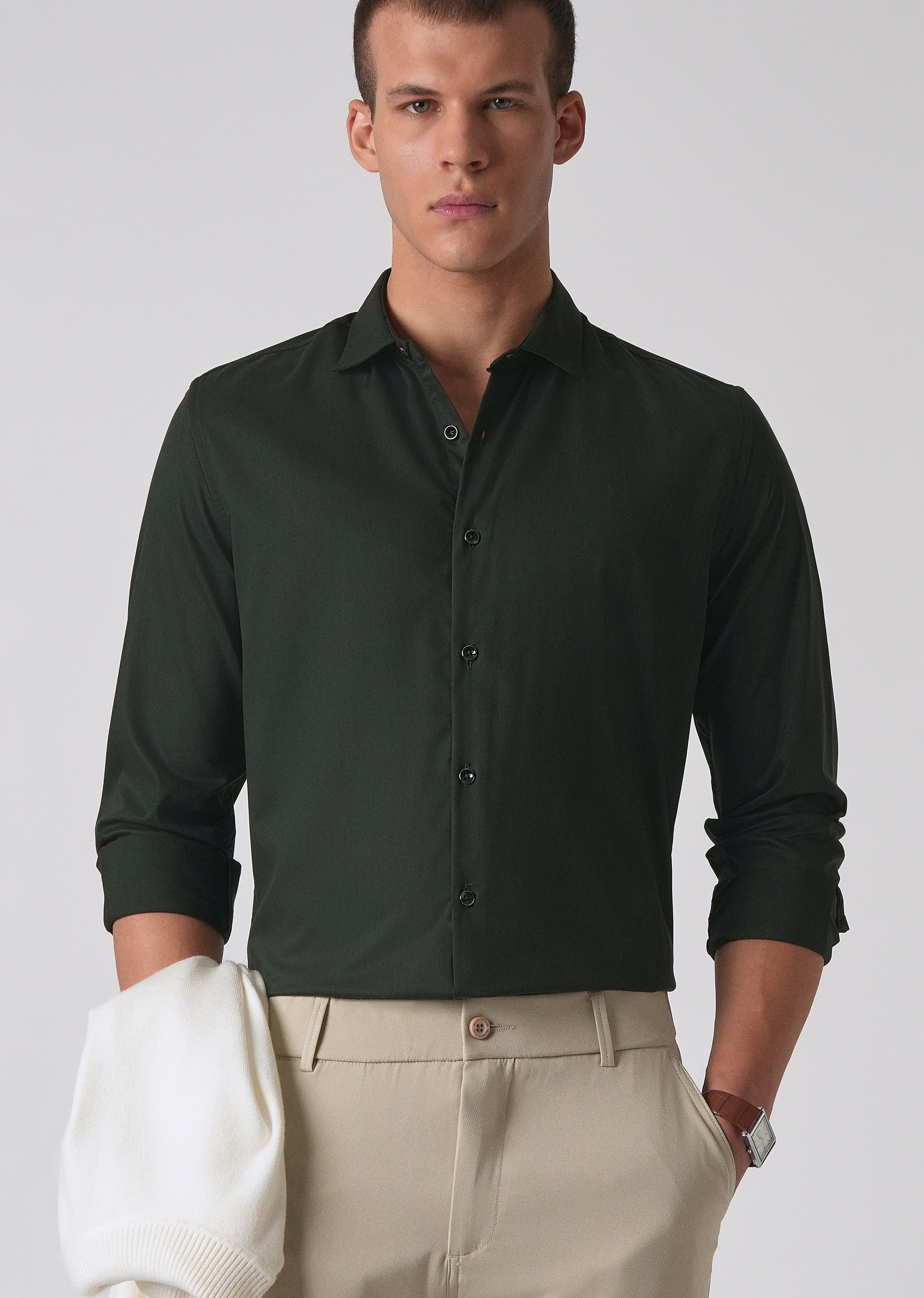 Dark Green Cotton Stretch Plain Shirt