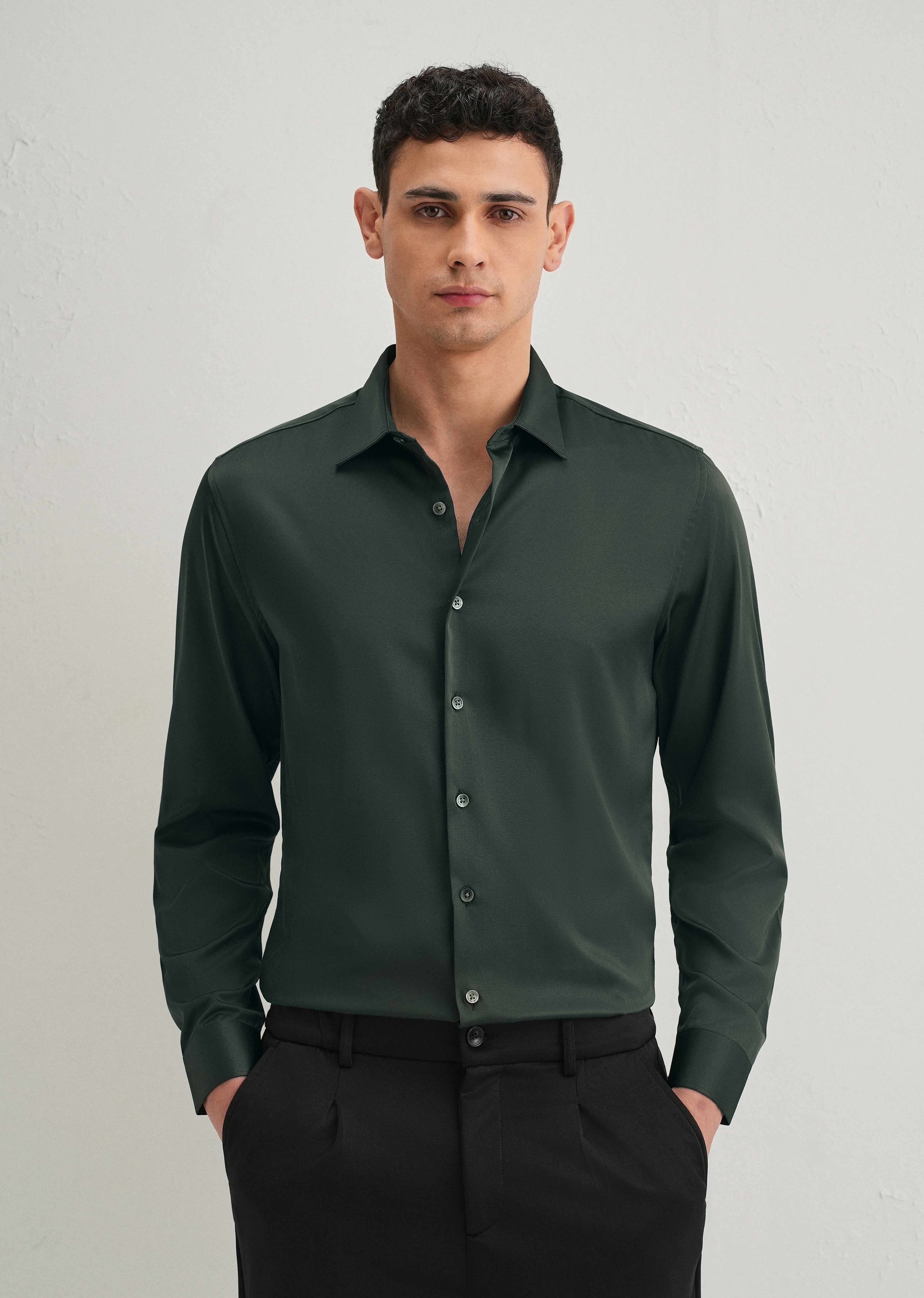 Dark Green Satin-Finish Plain Shirt