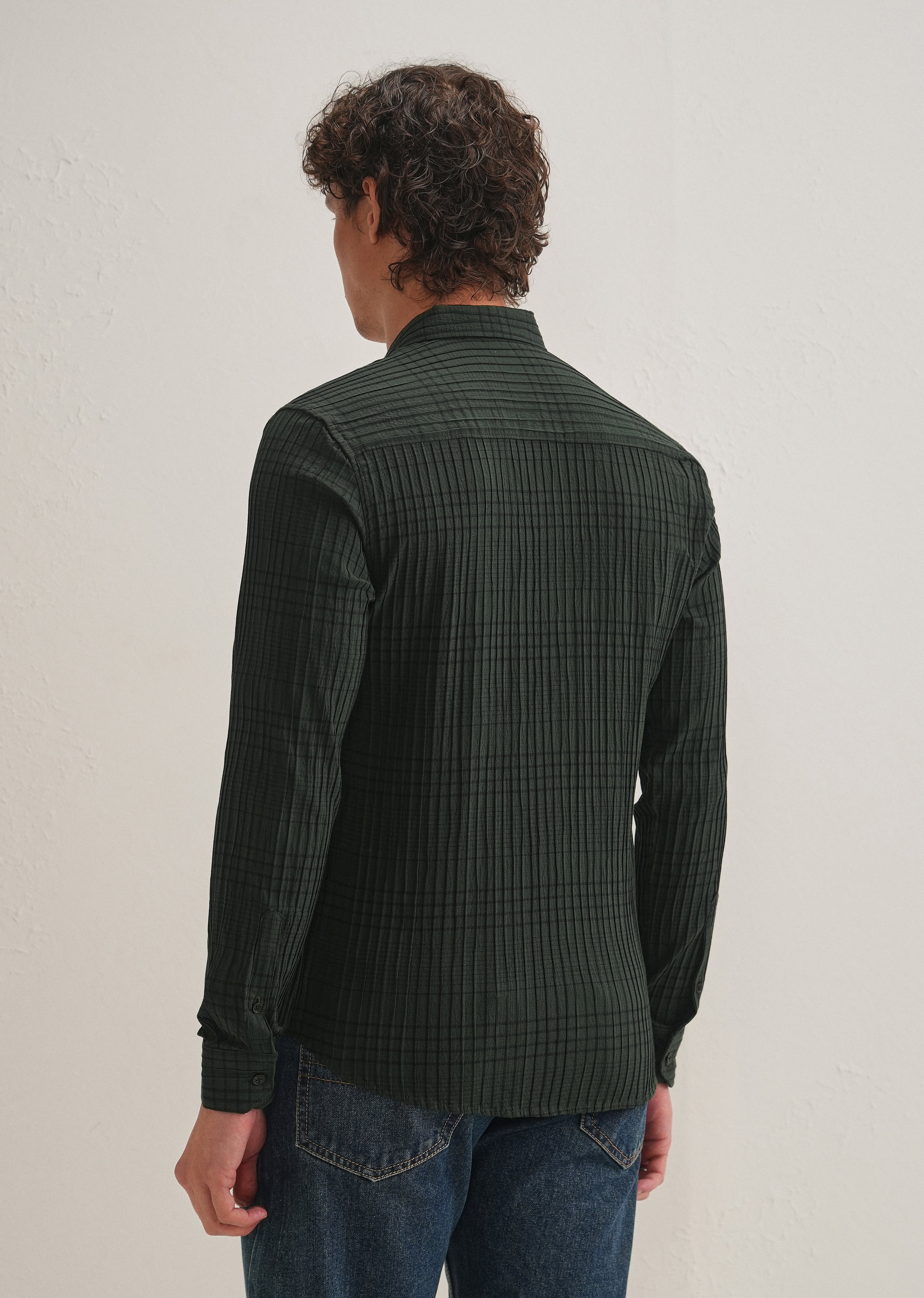 Dark Green Self-Pleated Check Shirt