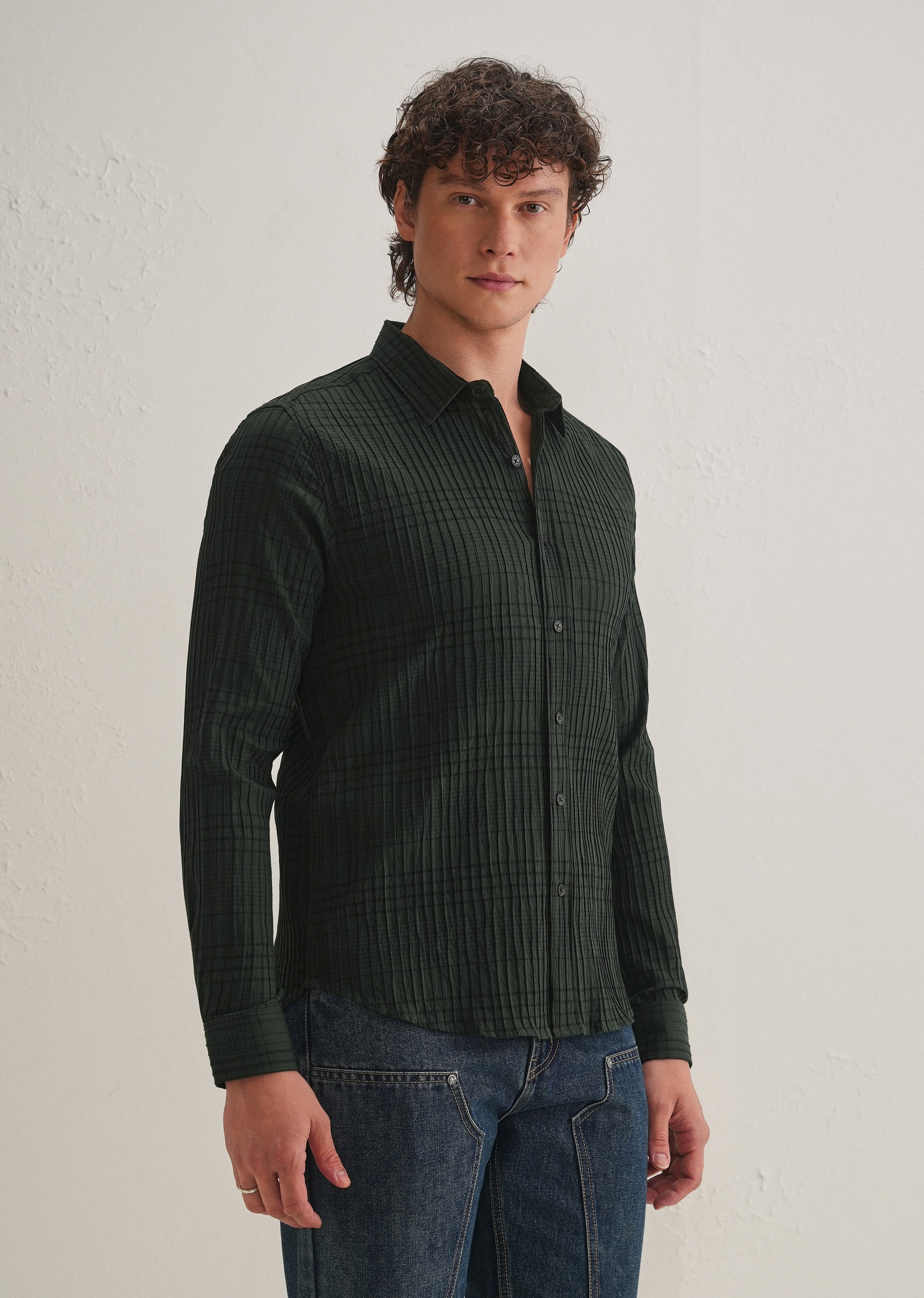 Dark Green Self-Pleated Check Shirt