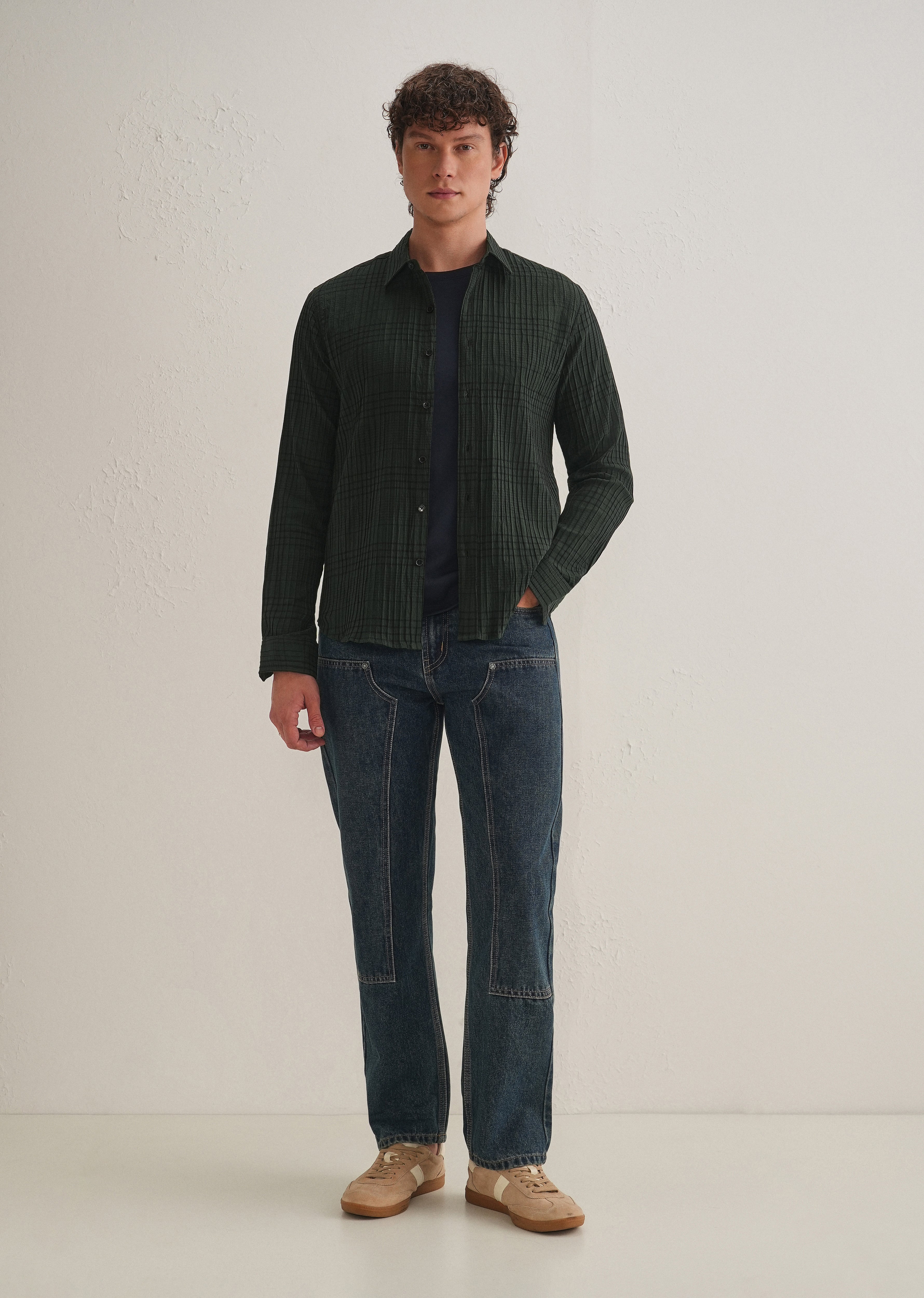 Dark Green Self-Pleated Check Shirt